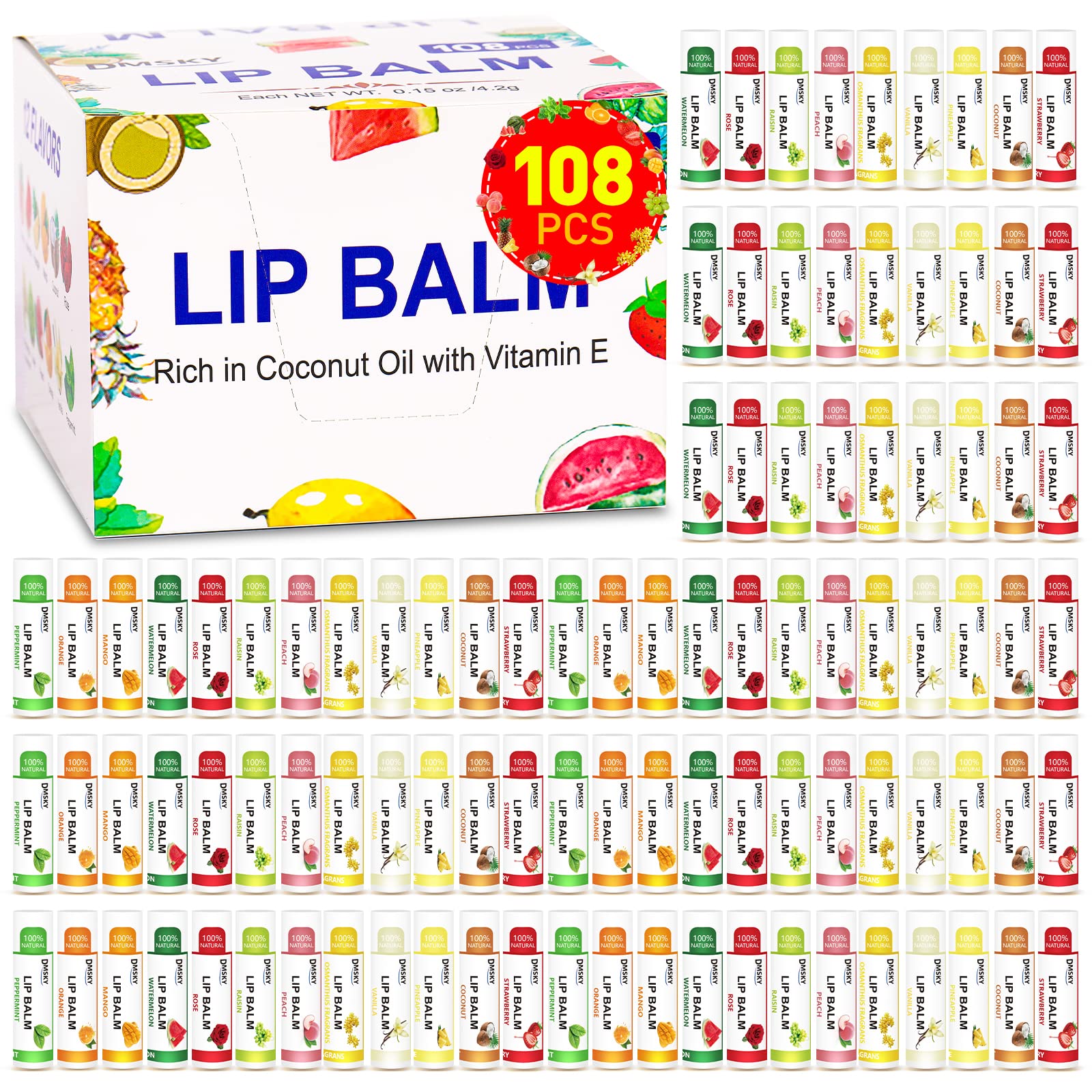 DMSKY 108 Pack Lip Balm, Natural Lip Balms Bulk with Vitamin E and Coconut Oil, Moisturizing Lip Balms for Chapped Lips, Bulk Li