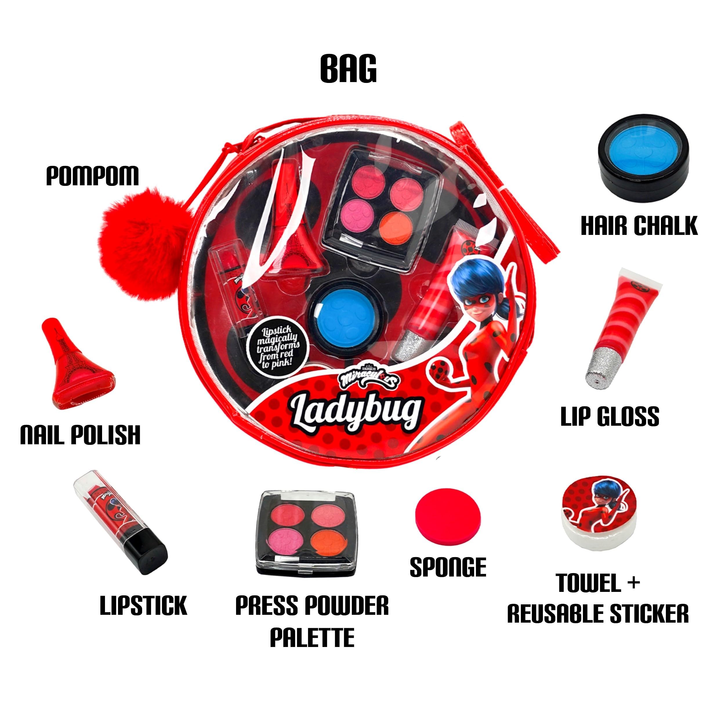 Miraculous Ladybug Kids Makeup Set - 10 Piece Bag With Nail Polish, Hair Chalk, Stickers & More - Safe, Non-Toxic Pretend Play C