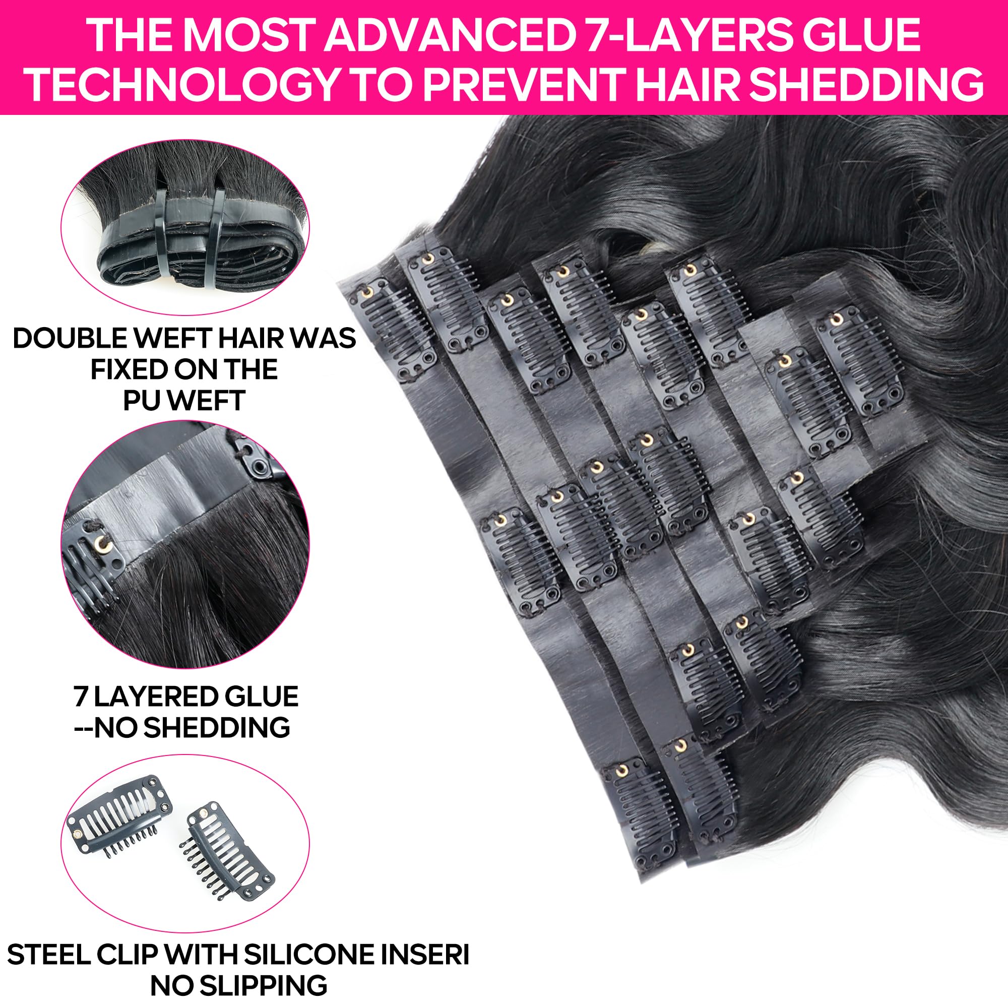 Pobokix Seamless Clip In Hair Extensions Human Hair Body Wave Human Hair Clip In Extensions 8Pcs Pu Clip Ins Remy Hair For Women