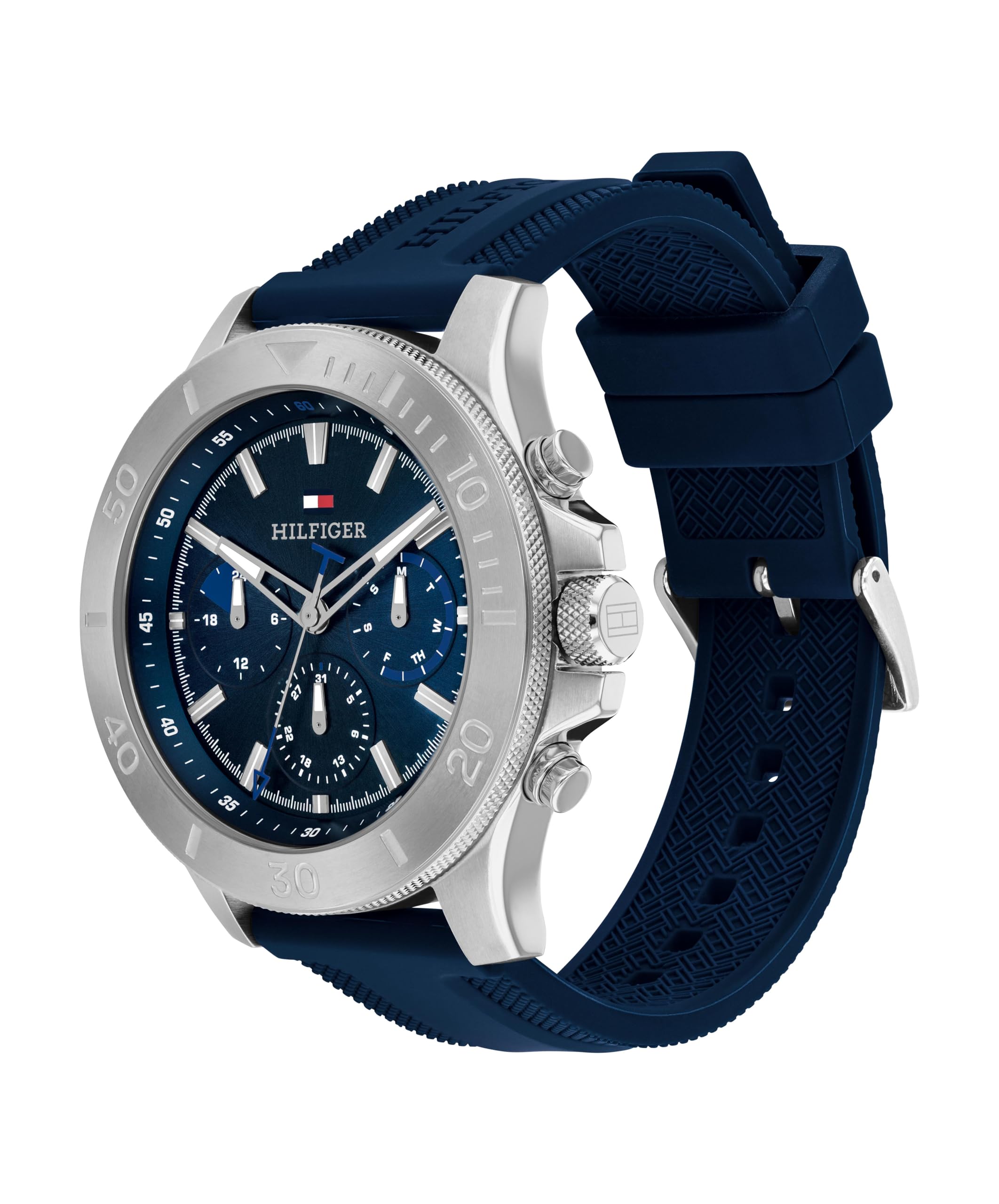 Tommy Hilfiger MenS Multifuction Stainless Steel & Navy Blue Silicone Strap Blue Dial Analog Watch