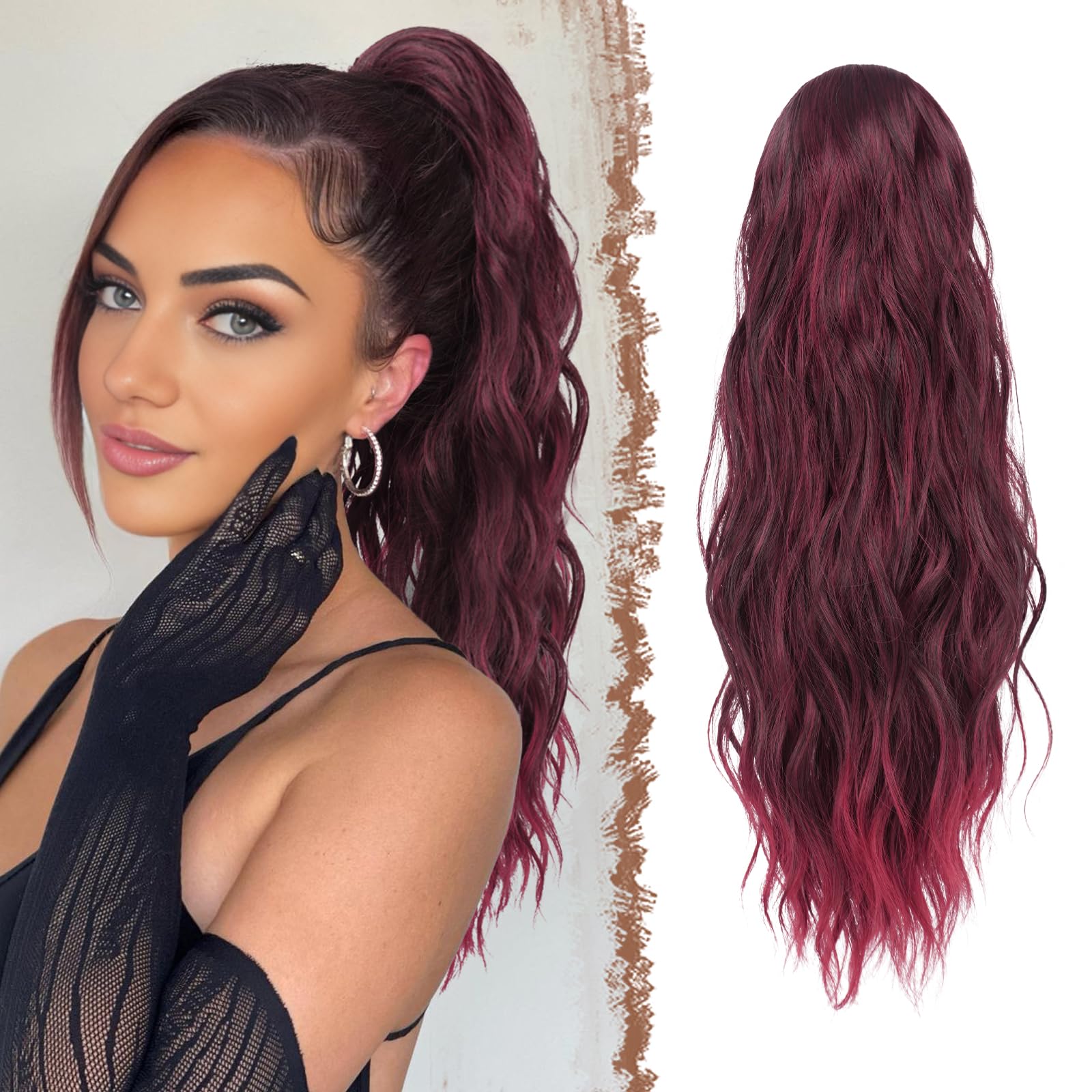 FESHFEN Ponytail Extensions, Drawstring Ponytails Hair Extension Black Ombre Red Long Curly Wavy Hair Piece Synthetic Pony Tail 