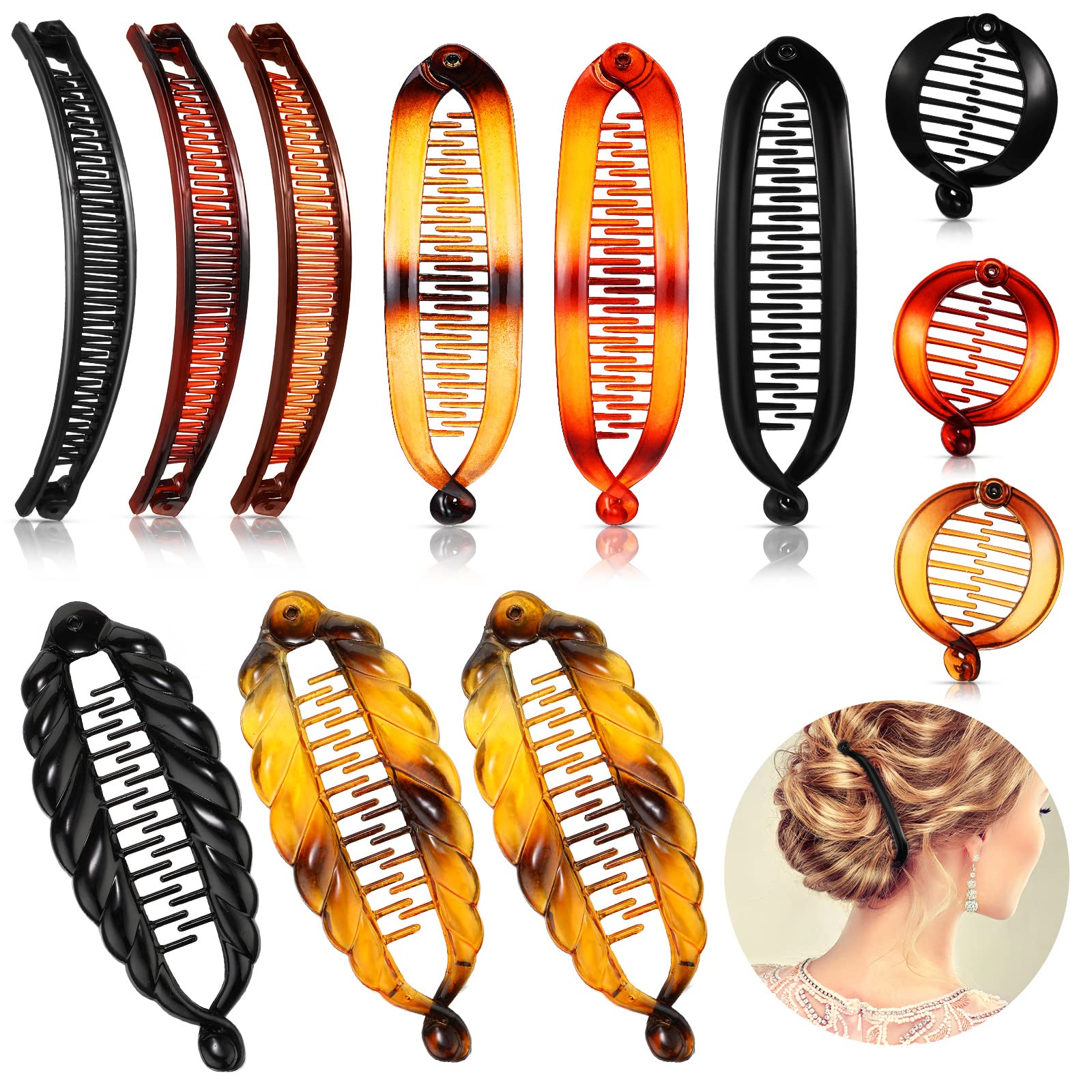 12 Pieces Women's Hair Accessories Set: Large Double Fishtail Banana Clips, Clincher Combs, Ponytail Holders - 4 Styles (Black, 
