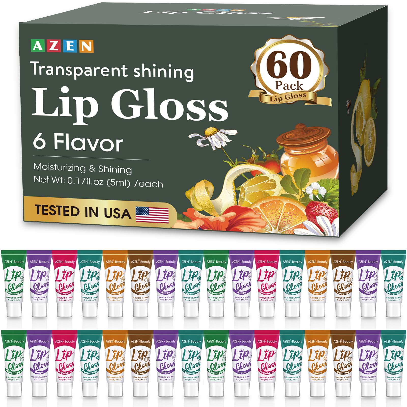 AZEN 60 Pack Lip Gloss Set, Clear Lip Gloss Bulk, Lip Oil for Dry Cracked Lips Moisturizing Hydrating Nourishing with Vitamin E