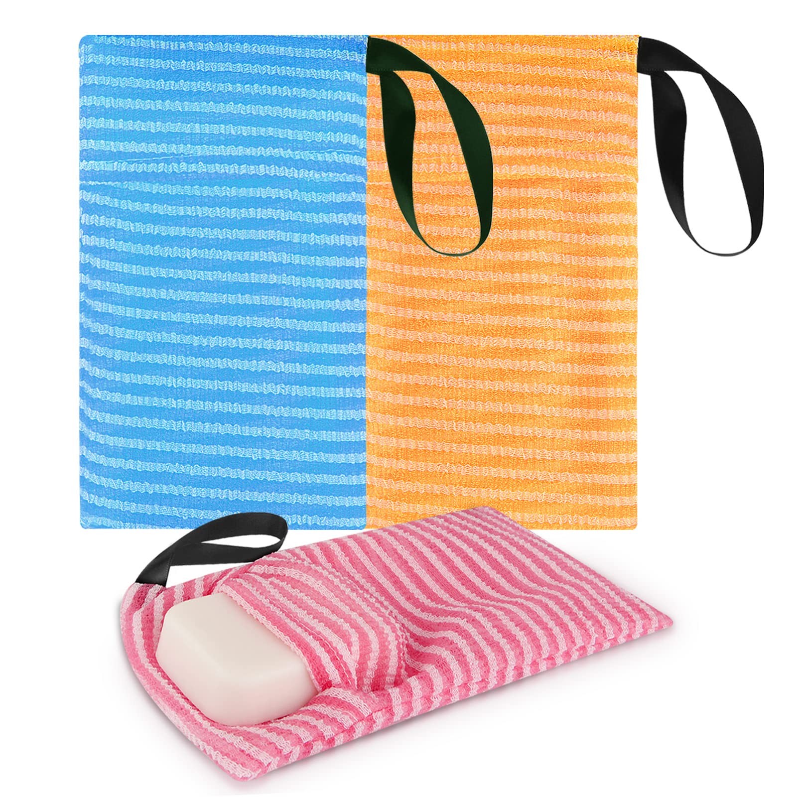 Linkidea 3 Pack Stripes Soap Bag For Soap Bars, Exfoliating Sponge Body Scrubber Shower Soap Holder With Lanyard, Mesh Soap Save