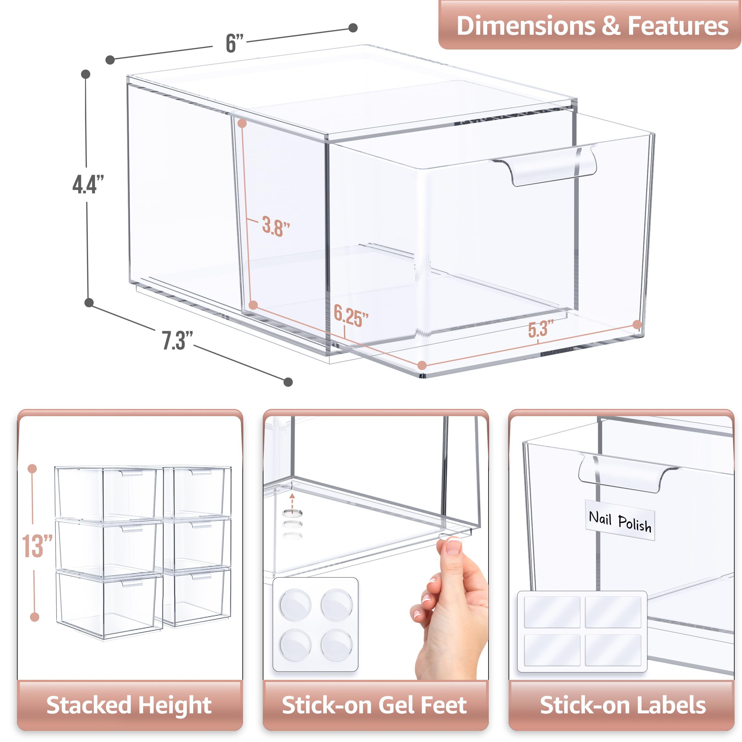 Sorbus 6 Pack Makeup Organizer - Clear Stackable Acrylic Drawer Organizer For Vanity, Bathroom, Undersink, Cabinets, Jewelry, St