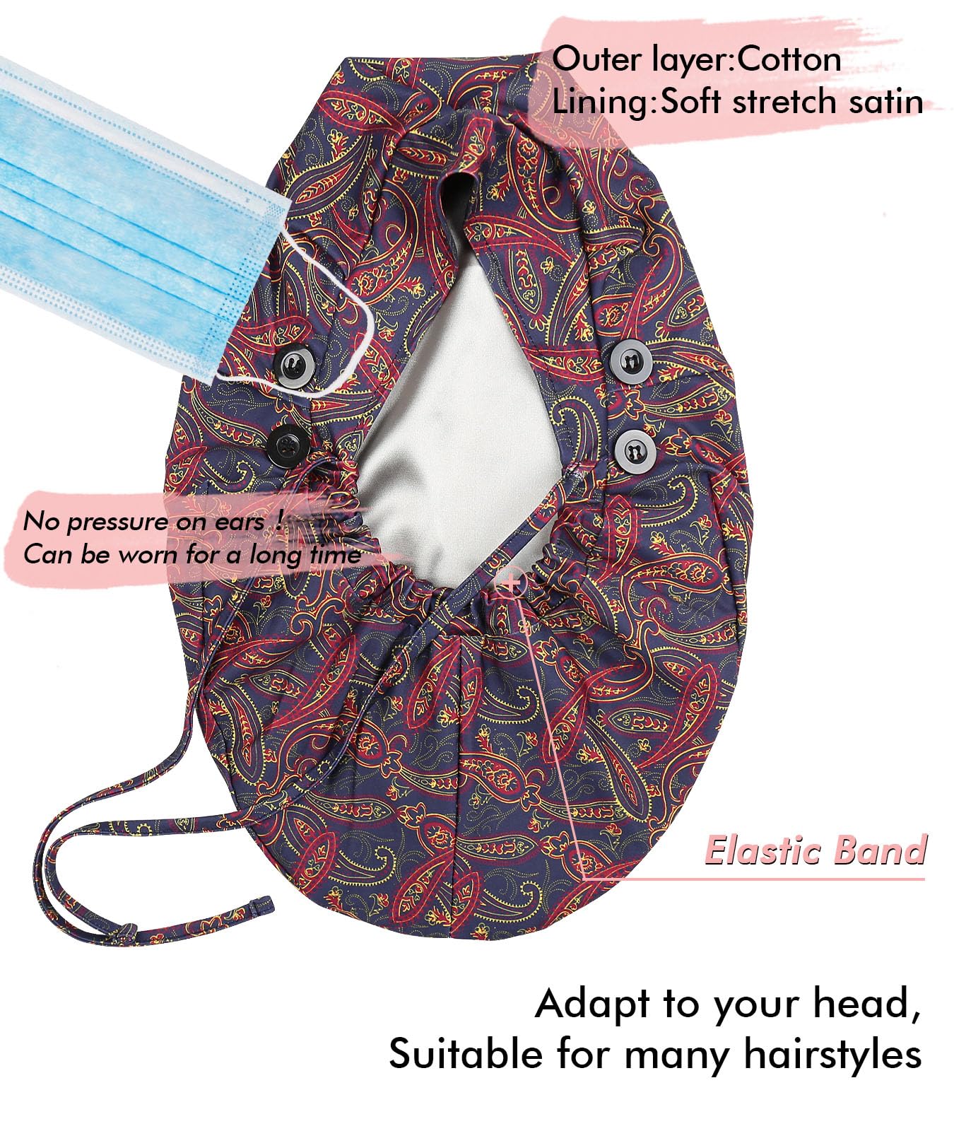 Extra Large Satin Lined Work Caps For Women With Long Ponytail Hair