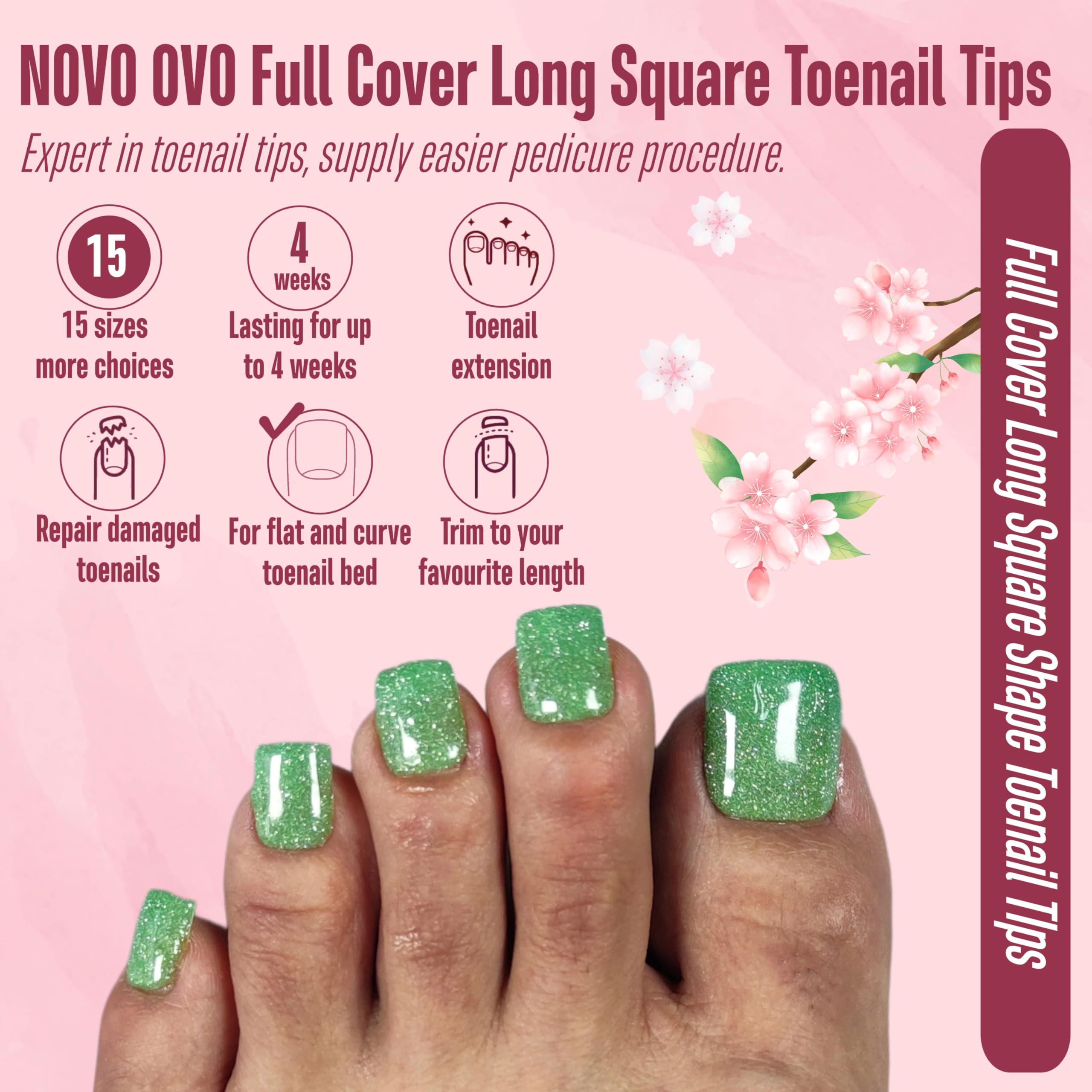 NOVO OVO Long Square Toe Nail Tips Press on Full Cover, Extra Wide Clear Toenails Kit, Pre-shaped Double MatteToenails For Women