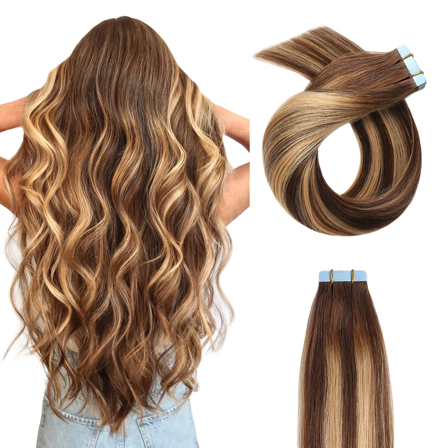 Yilite Tape In Hair Extensions Human Hair 24Inch 20Pcs 50G Balayage Dark Brown To Caramel Blonde, #P4-27-T4 Balayage Chocolate B