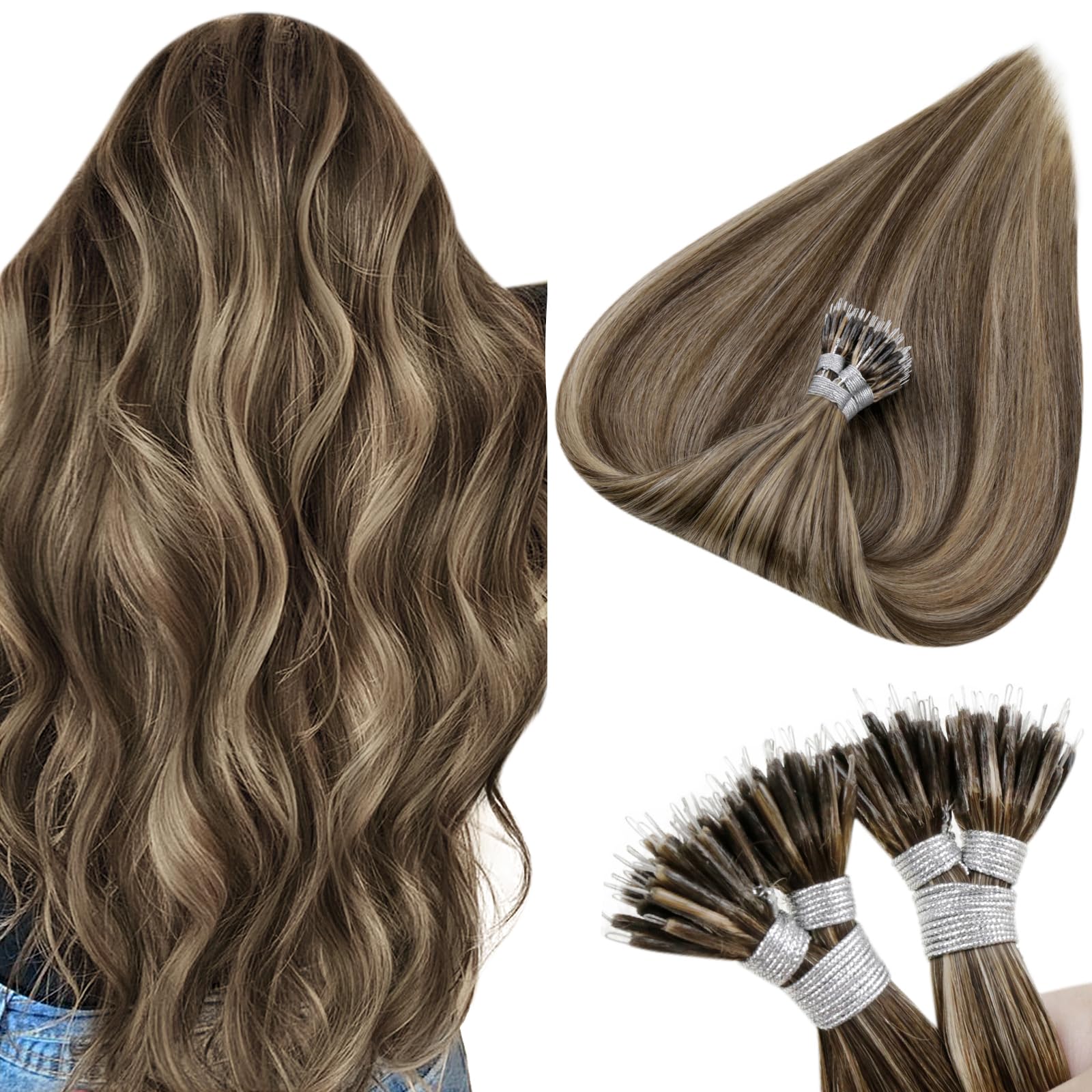 Hetto Nano Beads Human Hair Extensions #4/27 Dark Brown Highlights Caramel Blonde Nano Link Hair extensions Human Hair 14 Inch R