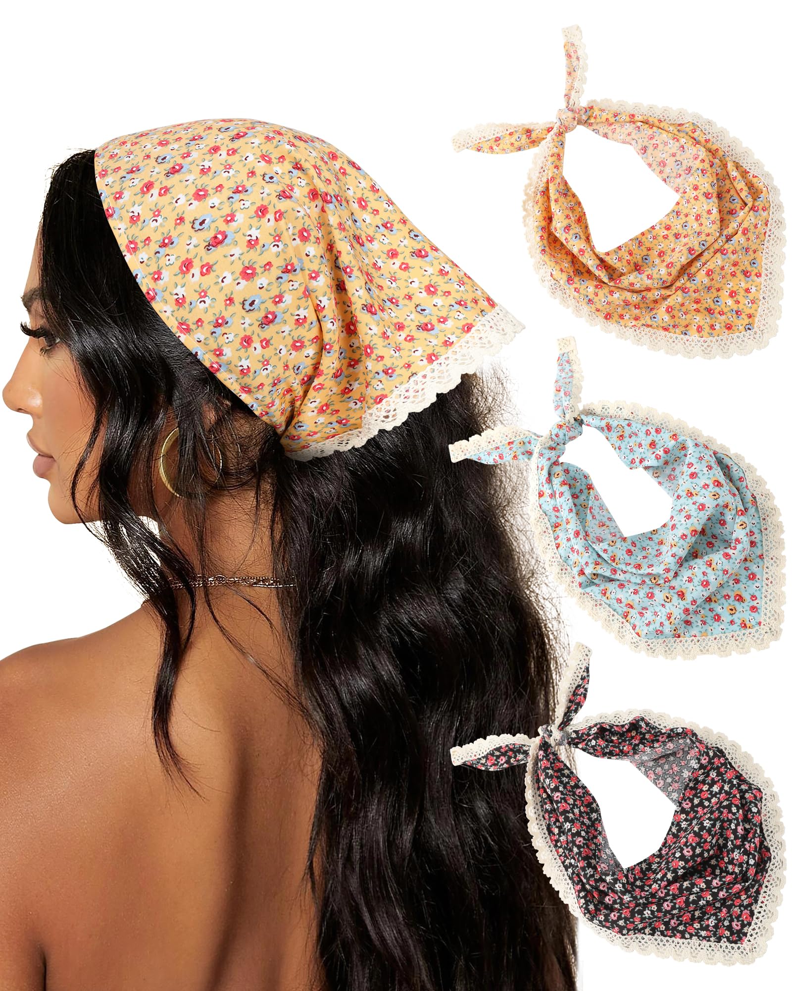 AWAYTR 3Pcs Hair Bandanas Head Kerchief for Women Girls Tie-Back Boho Hair Scarf Headband Bandana Triangle Head Scarf (Black/Pin