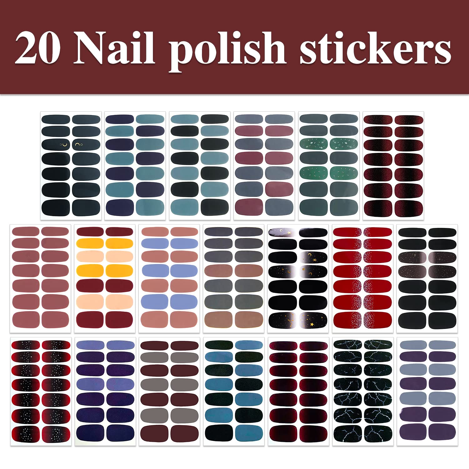 WOKOTO 20 Sheets 280 Pieces Dark Solid Nail Polish Stickers Mix Color Sticker Nail Polish Strips Solid Nail Stickers Full Nail W