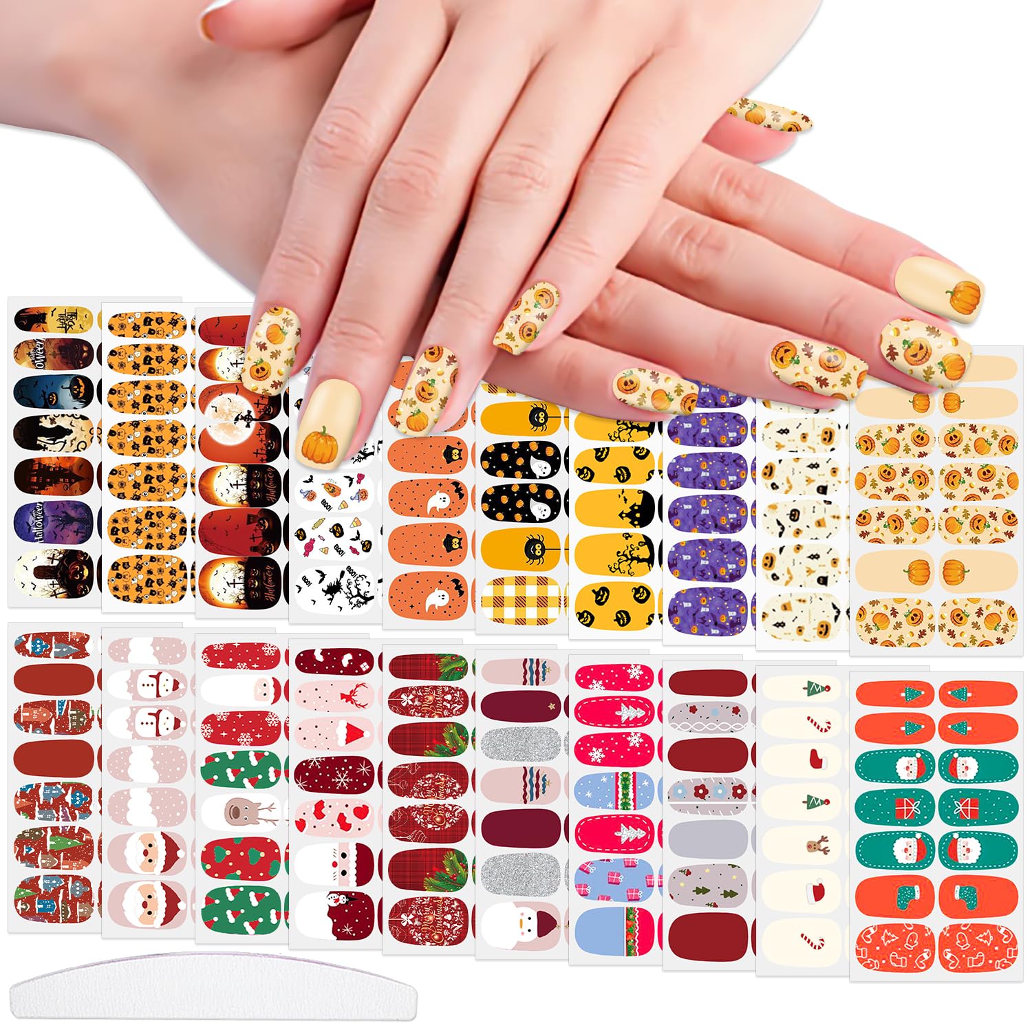 Wokoto 20 Sheets Mixed Halloween Christmas Nail Polish Strips Full Nail Wraps Stickers For Women Nail Art Pumpkin Bat Ghost Witc