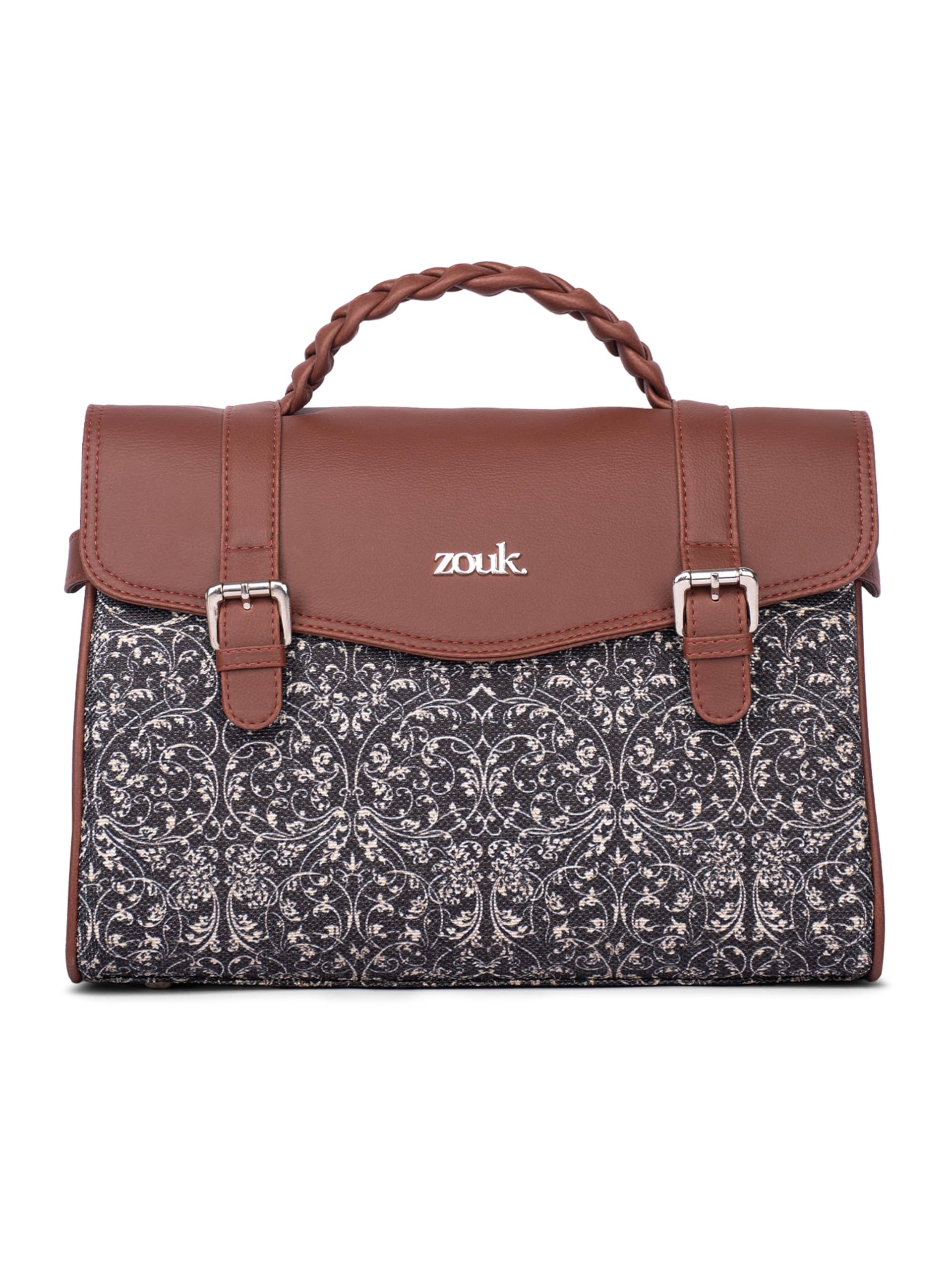 Zouk Konkona Heritage Satchel Bag  Lattice Lace | Jute | Vegan Leather Handcrafted With Detachable Sling Strap| Black