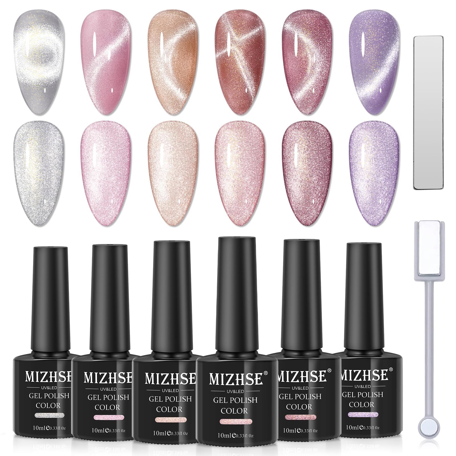 Mizhse Cat Eye Gel Polish Set, 3 In 1 Rubber Base Gel For Nails, 6 Colors 10Ml Holographic Glitter Cat Eye Gel With 2 Magnets, N