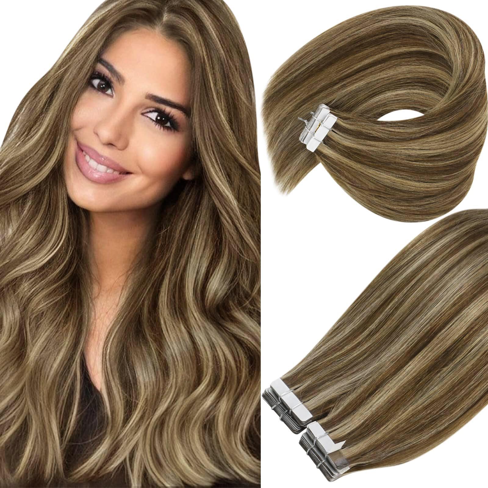 Ve Sunny Brown Tape In Hair Extensions Human Hair Highlight Tape In Extensions Human Hair Dark Brown Highlighted Caramel Blonde