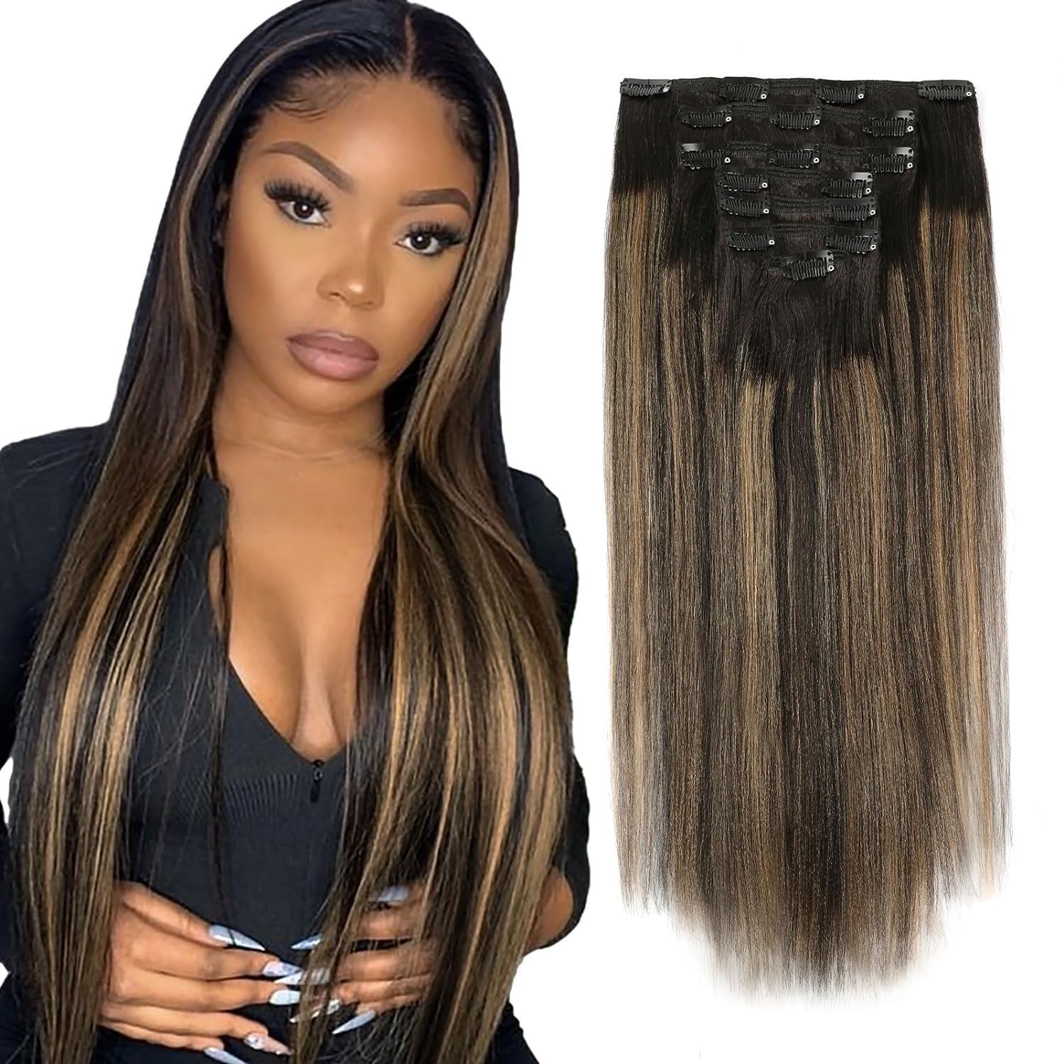 ABH AMAZINGBEAUTY HAIR Yaki Straight Clip ins Human Hair Rooted Black Piano Natural Black #1B Mixed With Caramel Blonde #27 Two 