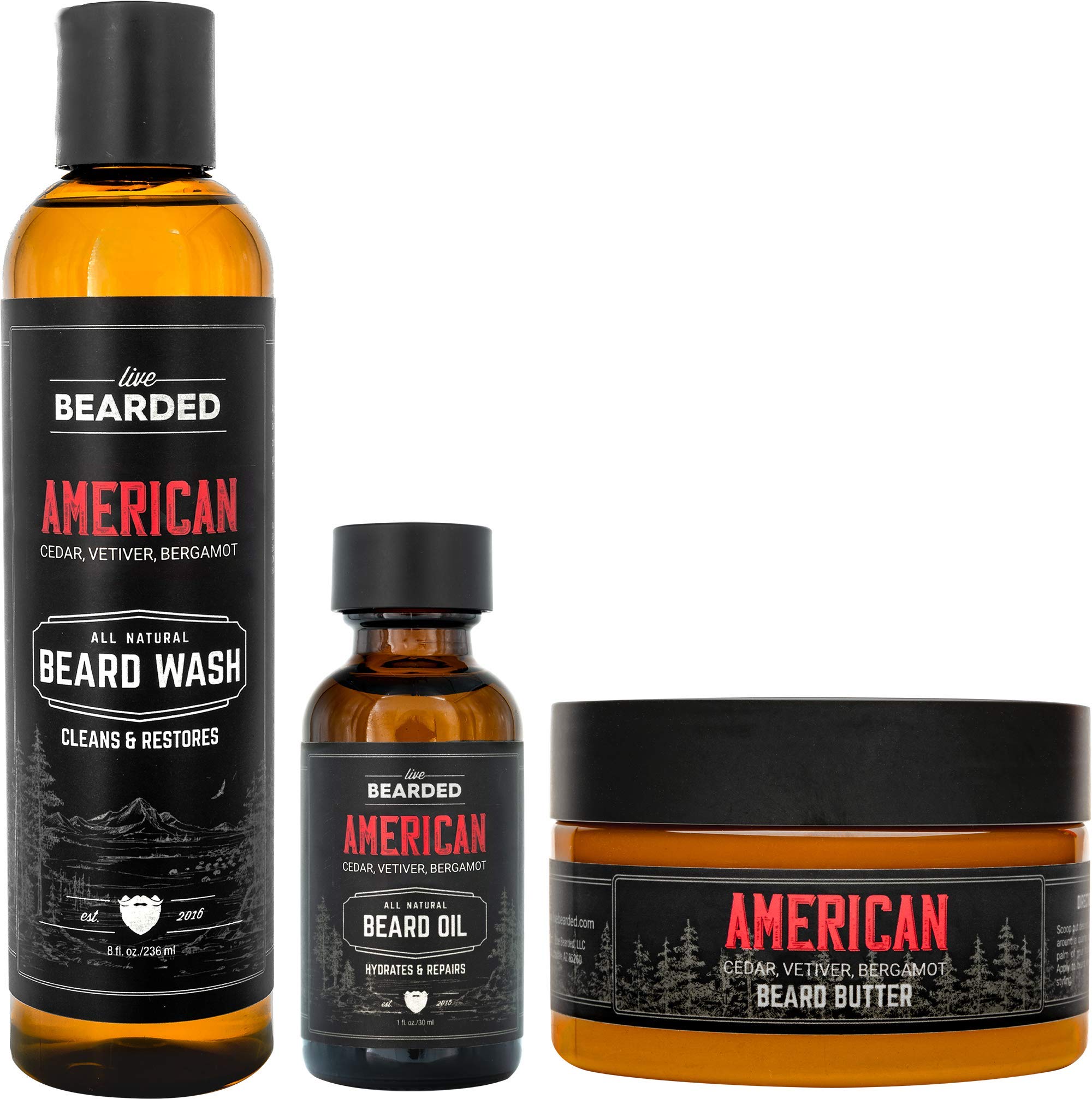 Live Bearded: 3-Step Beard Grooming Kit - American - Beard Wash, Beard Oil And Beard Butter - All-Natural Ingredients With Shea
