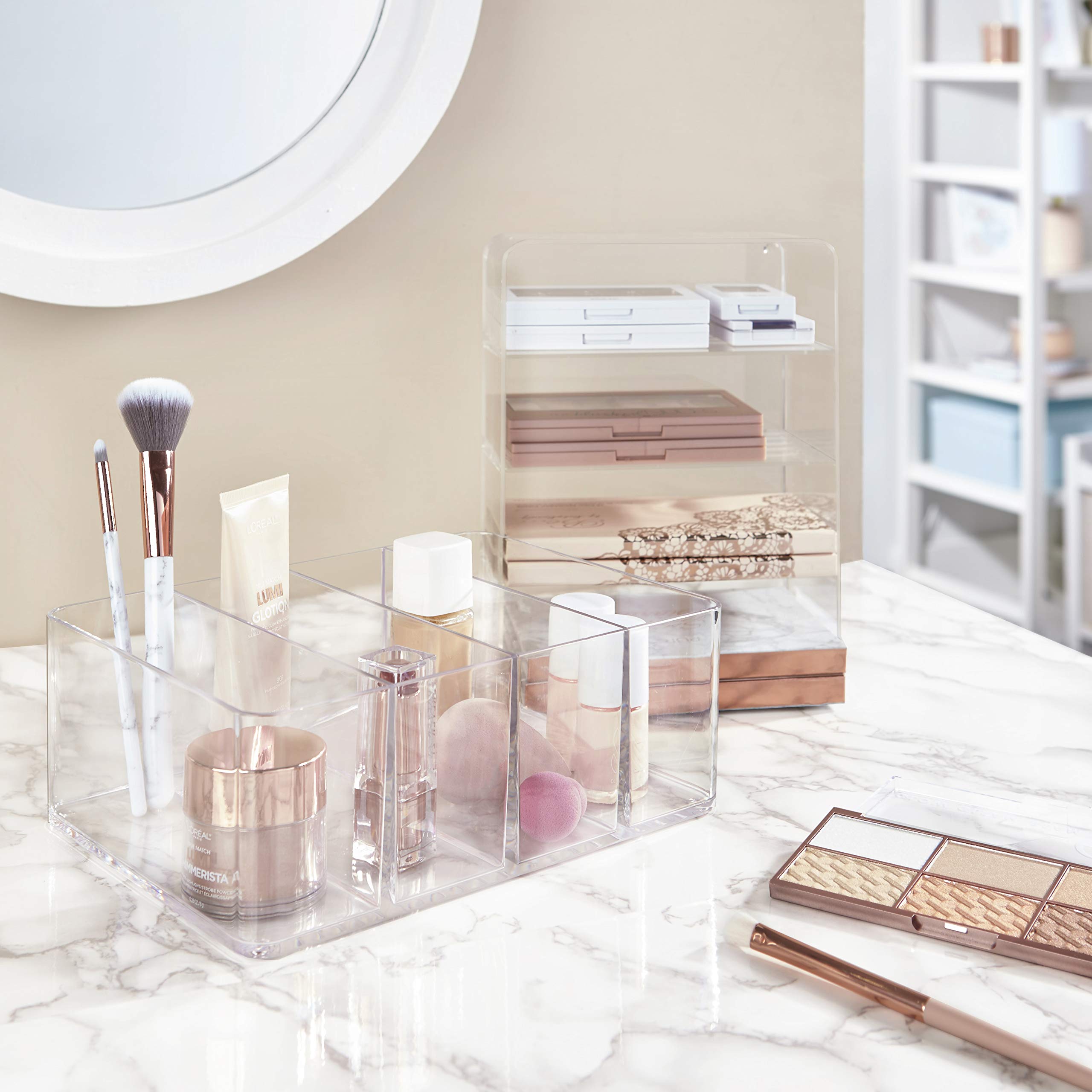 Stori 4-Compartment Clear Plastic Organizer  Rectangular Divided Makeup And Vanity Storage Bin  Use Upright For Eyeshadow Palett