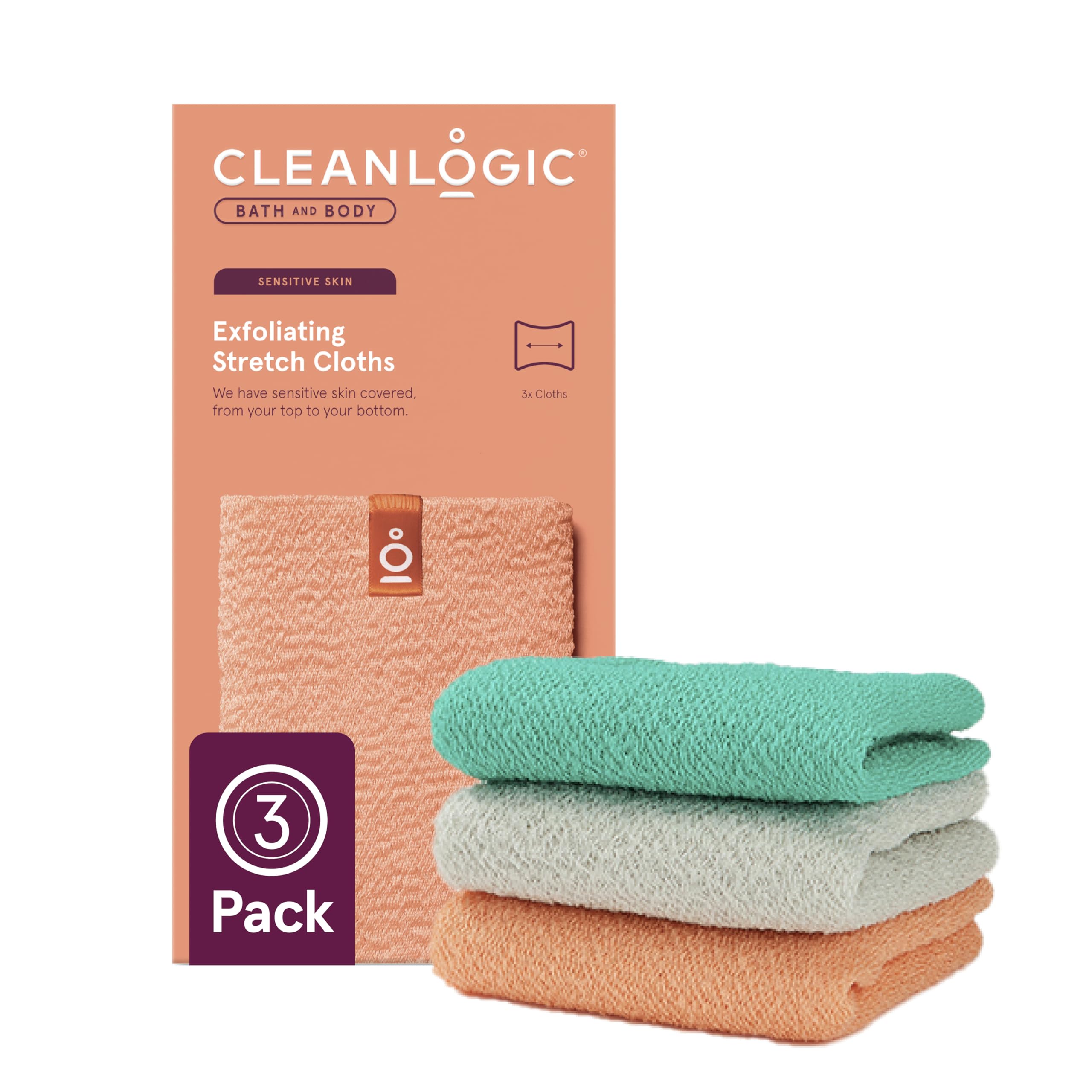 Cleanlogic Bath And Body Exfoliating Stretch Bath/Shower Cloth, Assorted Colors, 3 Count