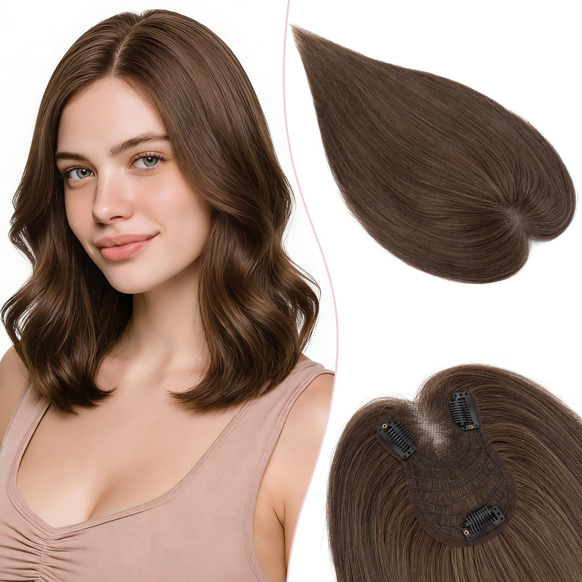 SEGO Hair Toppers for Women Human Hair Side Bangs, Hand-tied Lace Front Invisible Edges Breathable Fluffy Clip in Top Hairpieces