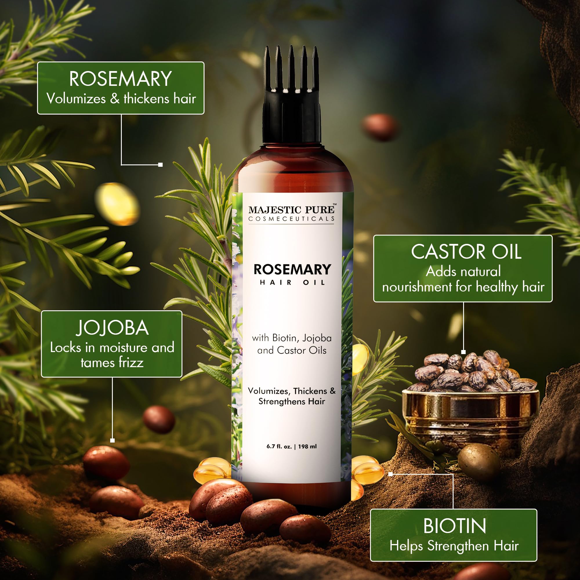 Majestic Pure 100% Pure Rosemary Oil For Hair Growth (6.7 Fl Oz) Infused With Biotin | Hair Strenghtening Treatment | Nourishing