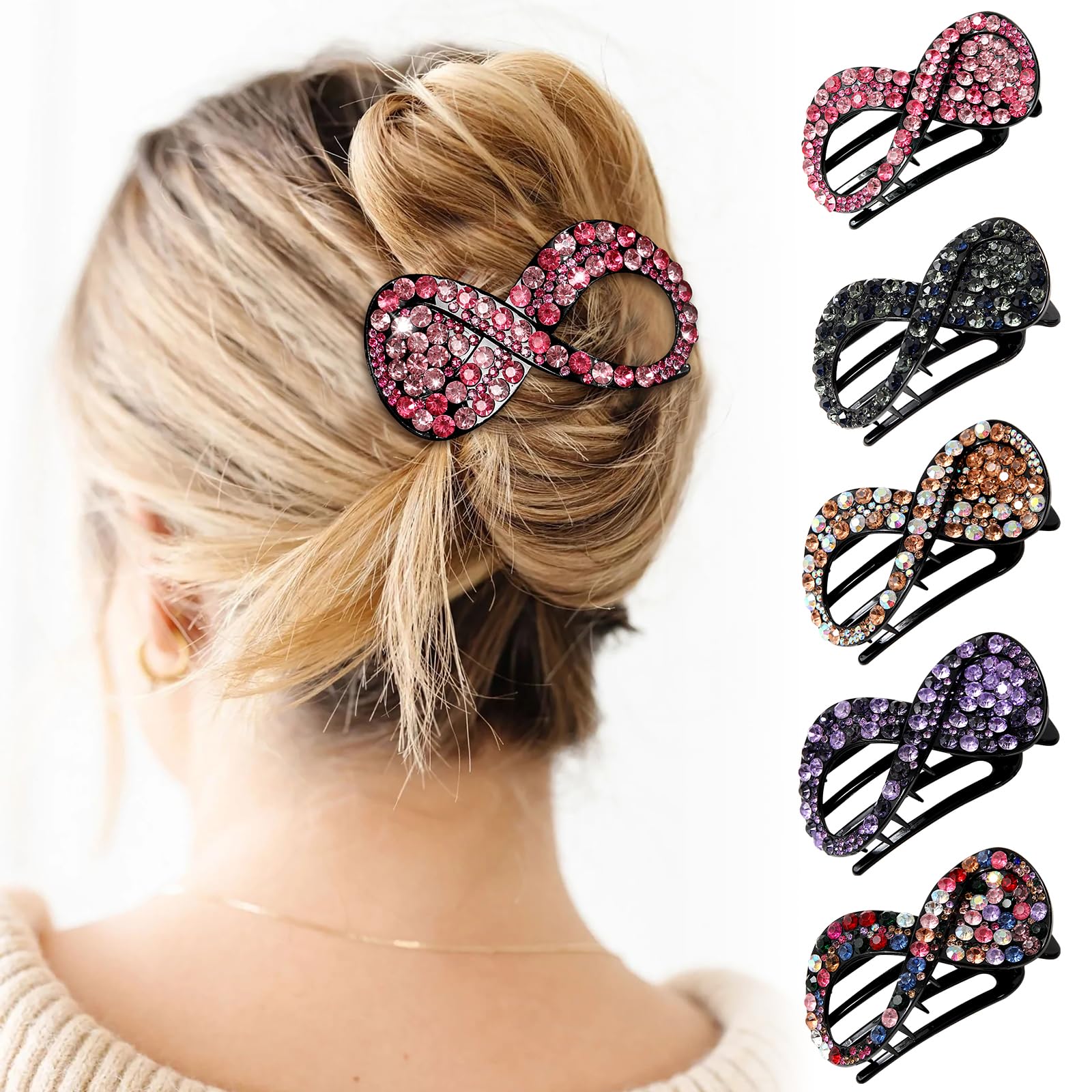 5PCS Rhinestone French Hair Clips for Women Thick Hair No Slip Curved Claw Clips Strong Hold Flat Hair Clip (Curved(Medium,3.54'