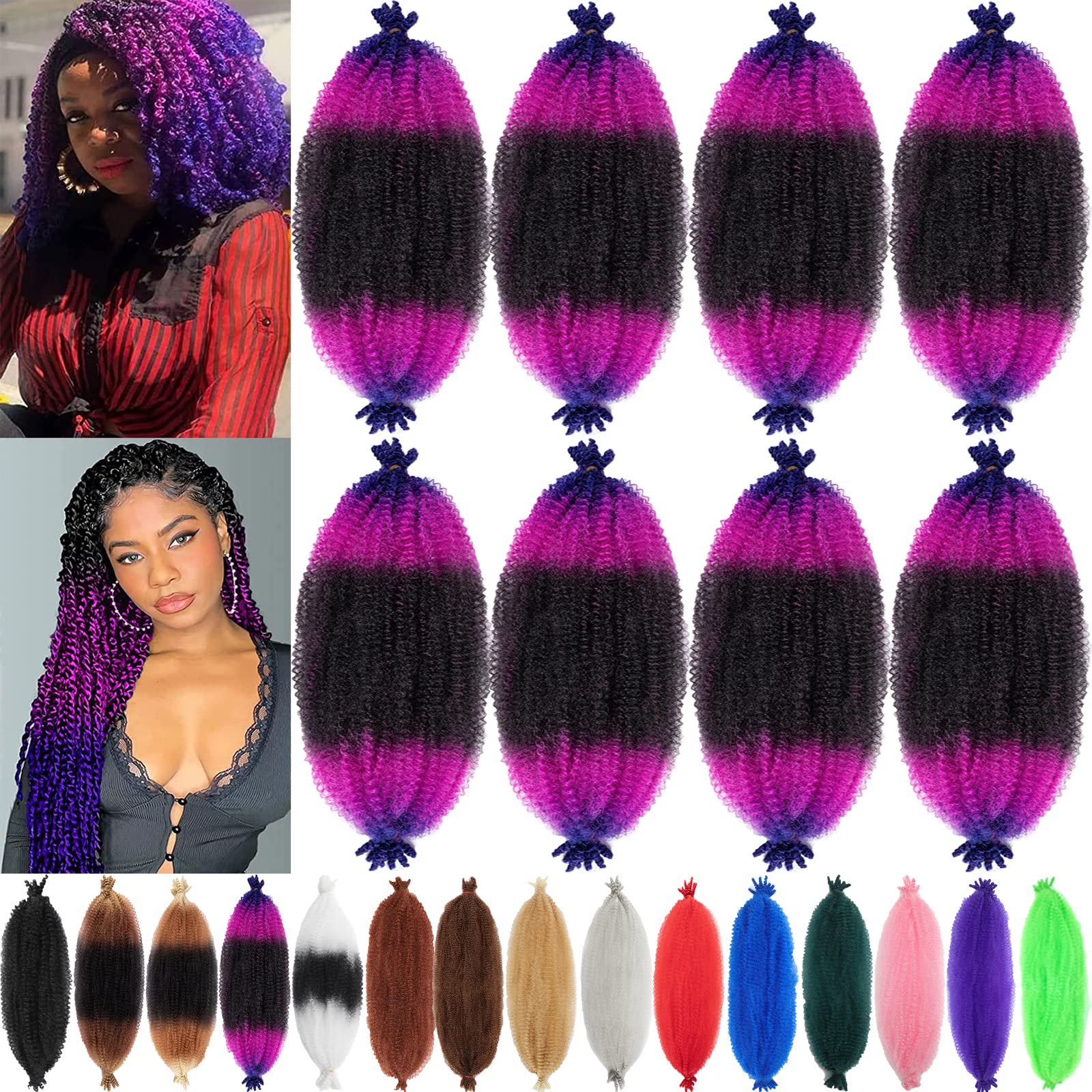 Blonde Brown Ombre 8 Packs Springy Afro Twist Hair 49# 1B Purple Blue 16 inch 3 Tones Pre-Separated Kinky Marley Twist Braiding