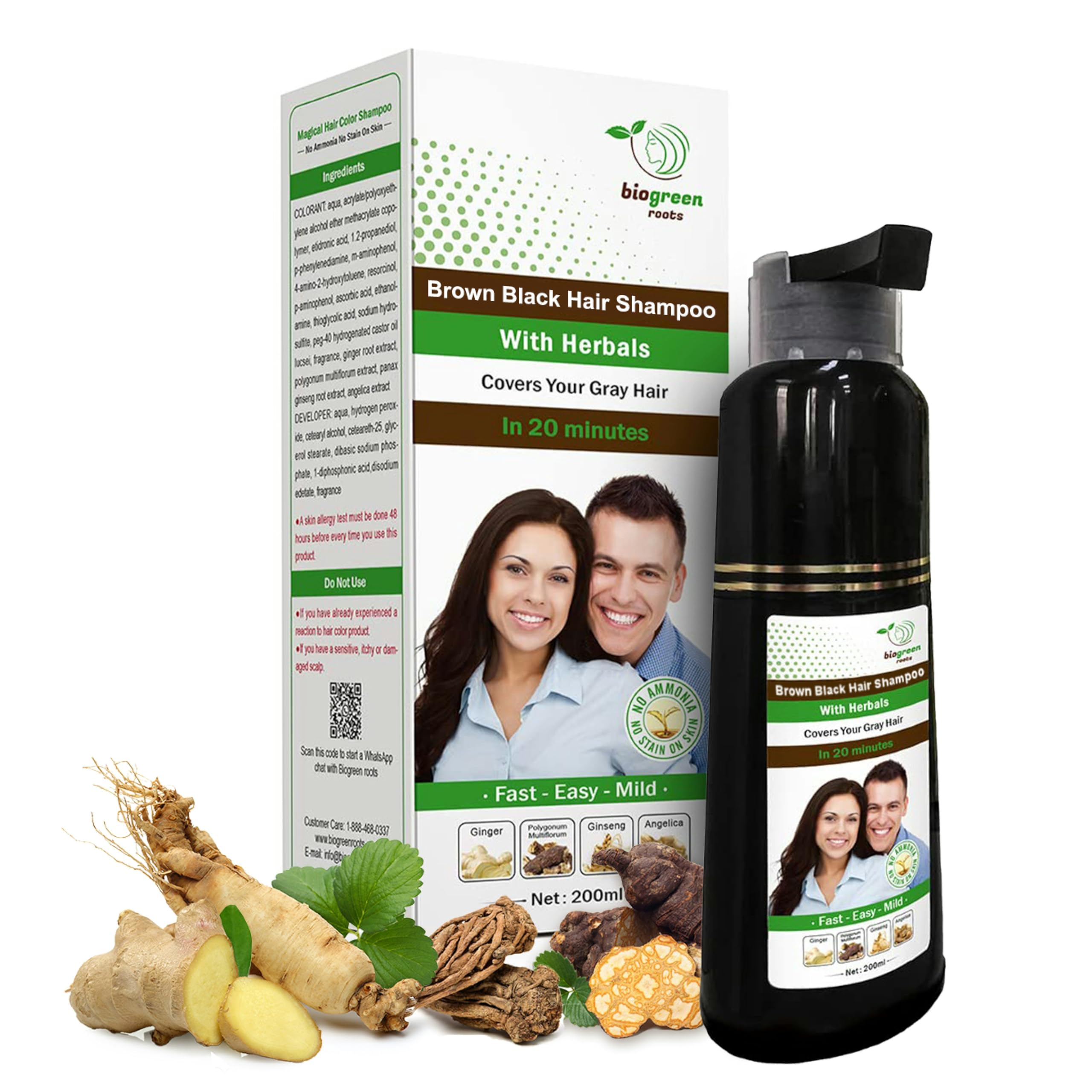 Biogreen Roots Ammonia-Free Herbal Hair Shampoo - Effectively Covers Gray Hair for Men and Women - Natural Color and Herbal Nour