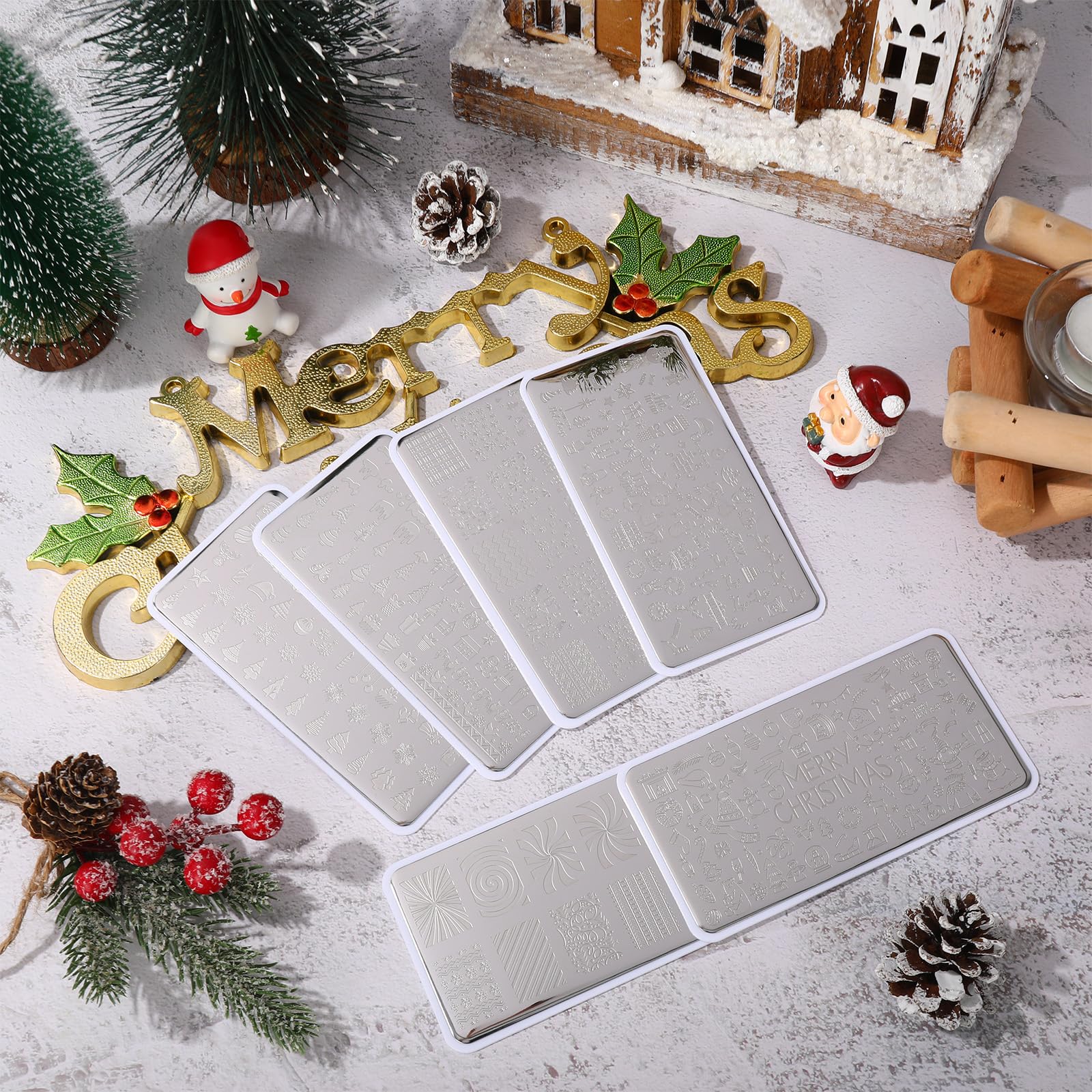 Whaline 6Pcs Christmas Nail Plates Stamping Set Xmas Tree Snowflake Snowman Stamp Templates Nail Art Plates For Winter Diy Print