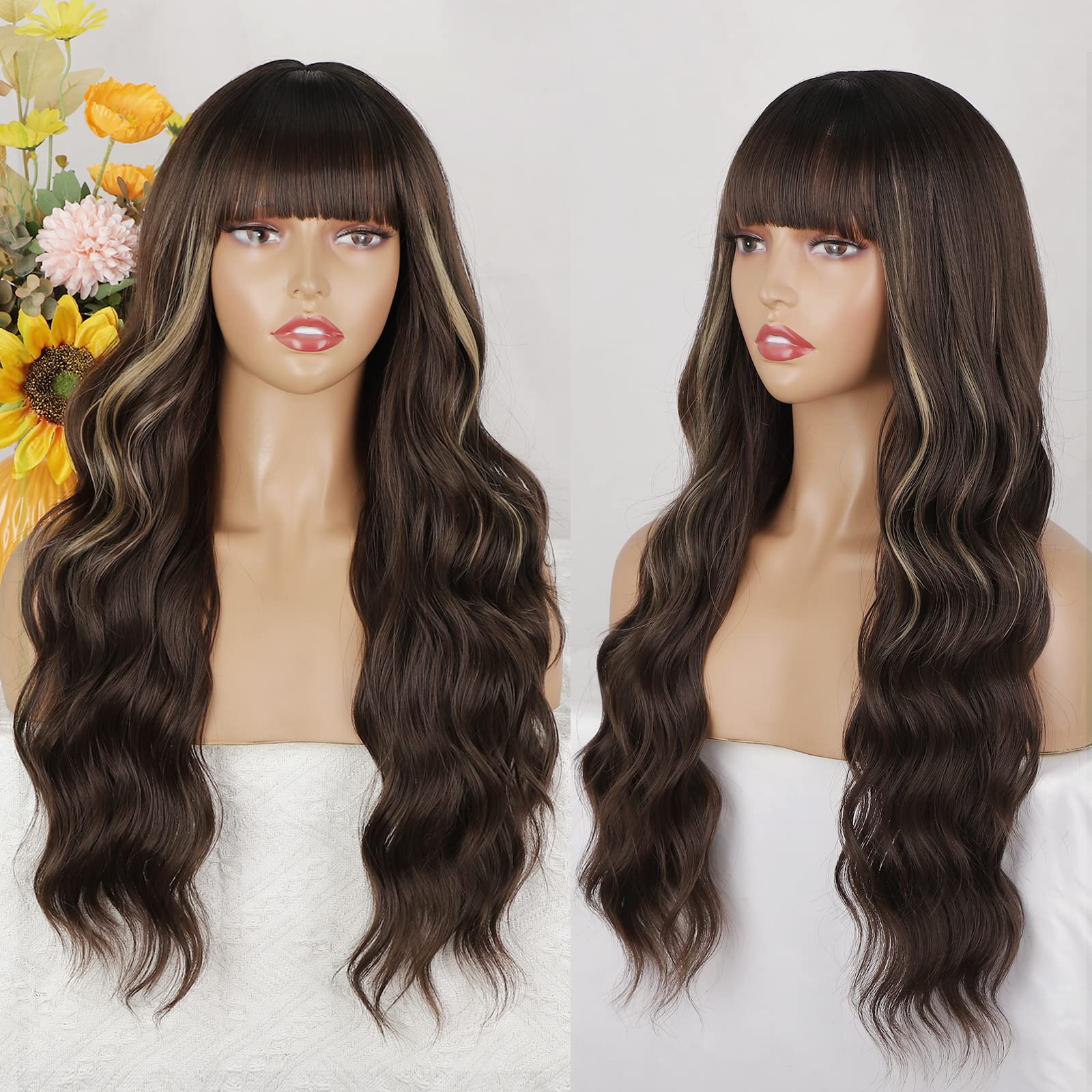 Lativ Brown Wig With Bangs Long Wavy Brown Hightlight Wigs Natural Curly Synthetic Wig For Women Daily Party Use 26 Inches