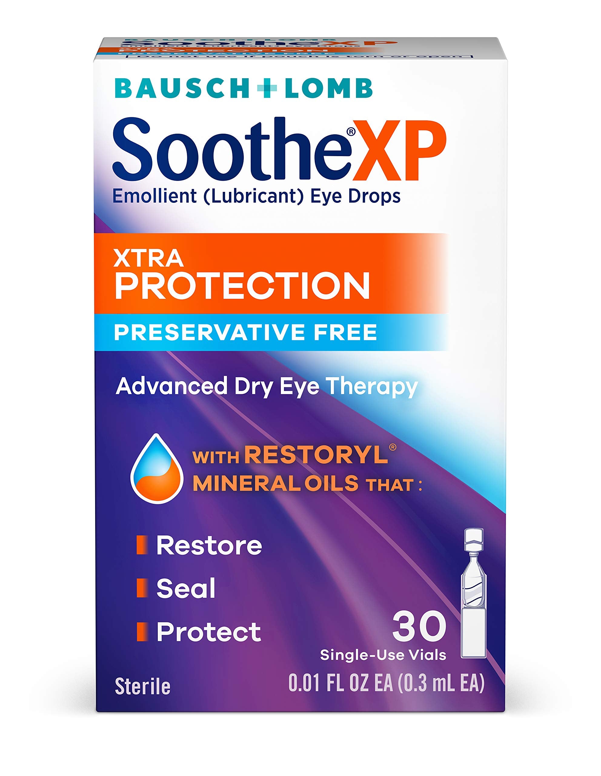 Eye Drops by Bausch  Lomb, Lubricant Relief for Dry Eyes, Soothe XP, Preservative Free, Single Use Dispensers, 03 mL, 30 count