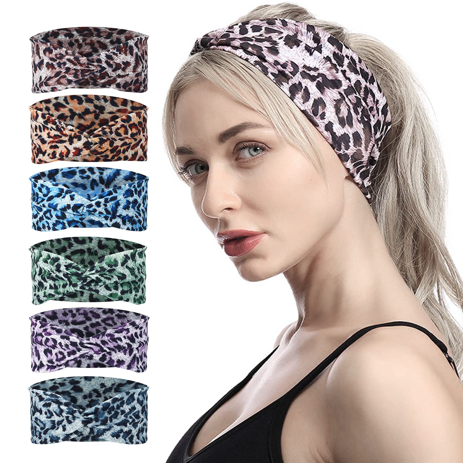 EWUHRY 6 Pcs Women Knotted Cheetah Headband Cross Hairband Sports Yoga Hair Ties Leopard Print Turban Headwear Headwrap Workout 