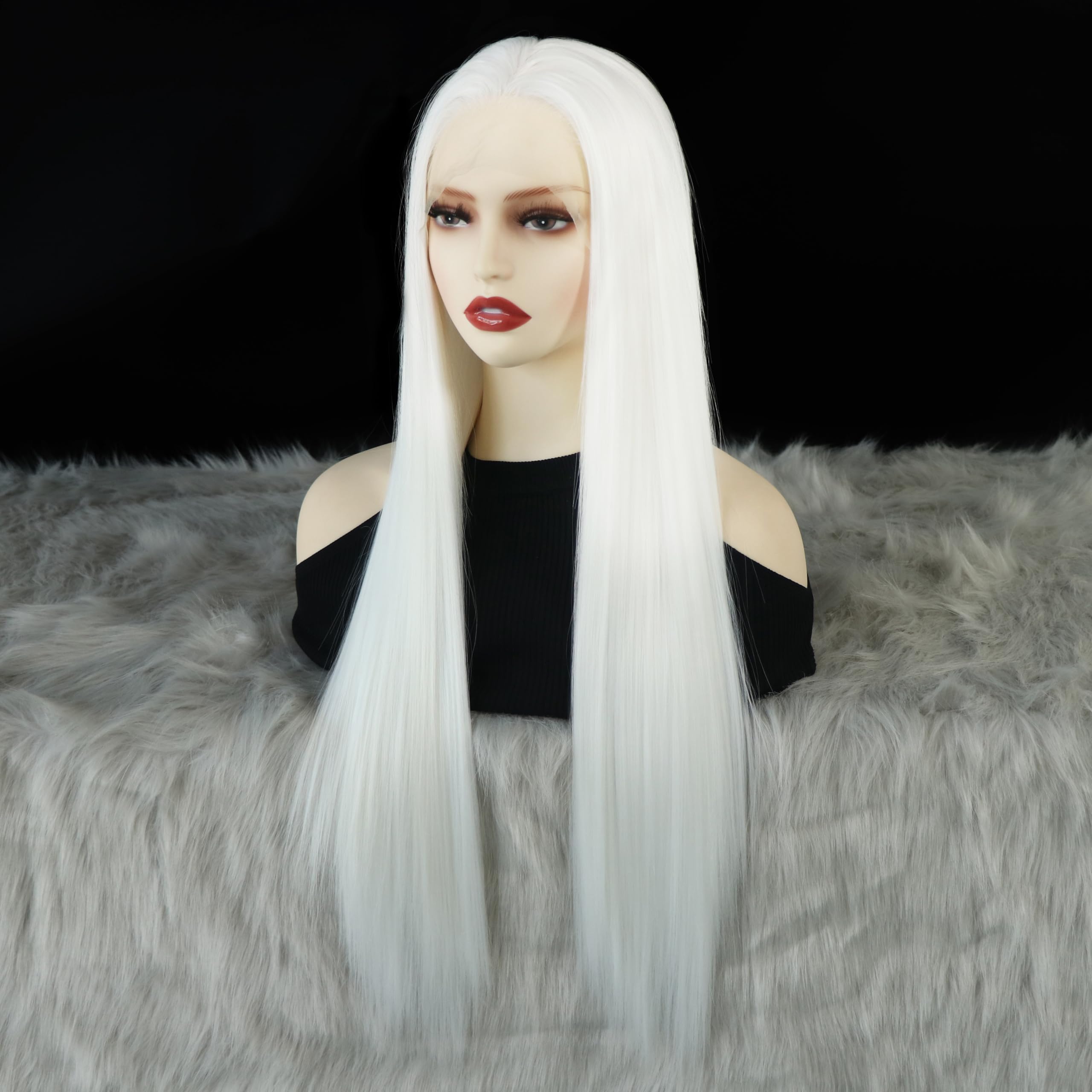 Wxhwcx White Synthetic Lace Front Wig Straight Free Part Heat Resistant Fiber Hair Glueless Lace Wigs For Women Party Use Lace W