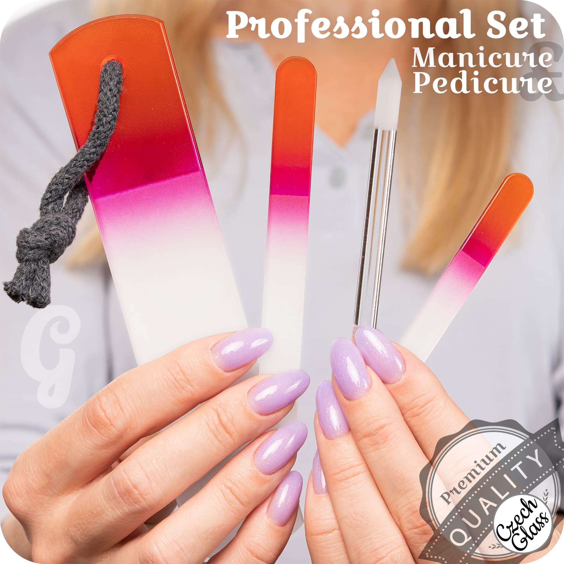 Gladzy Genuine Czech Glass Nail File Set - Callus Remover Foot Rasp, Cuticle Pusher Manicure Stick, Double Sided Etched Differen