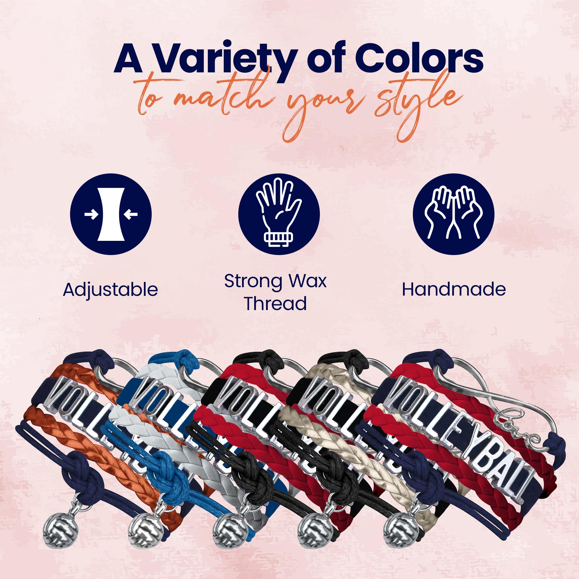 Sportybella Volleyball Bracelet, Navy and Orange Adjustable Infinity Love Charm Bracelet, Volleyball Jewelry and Accessories, Gi