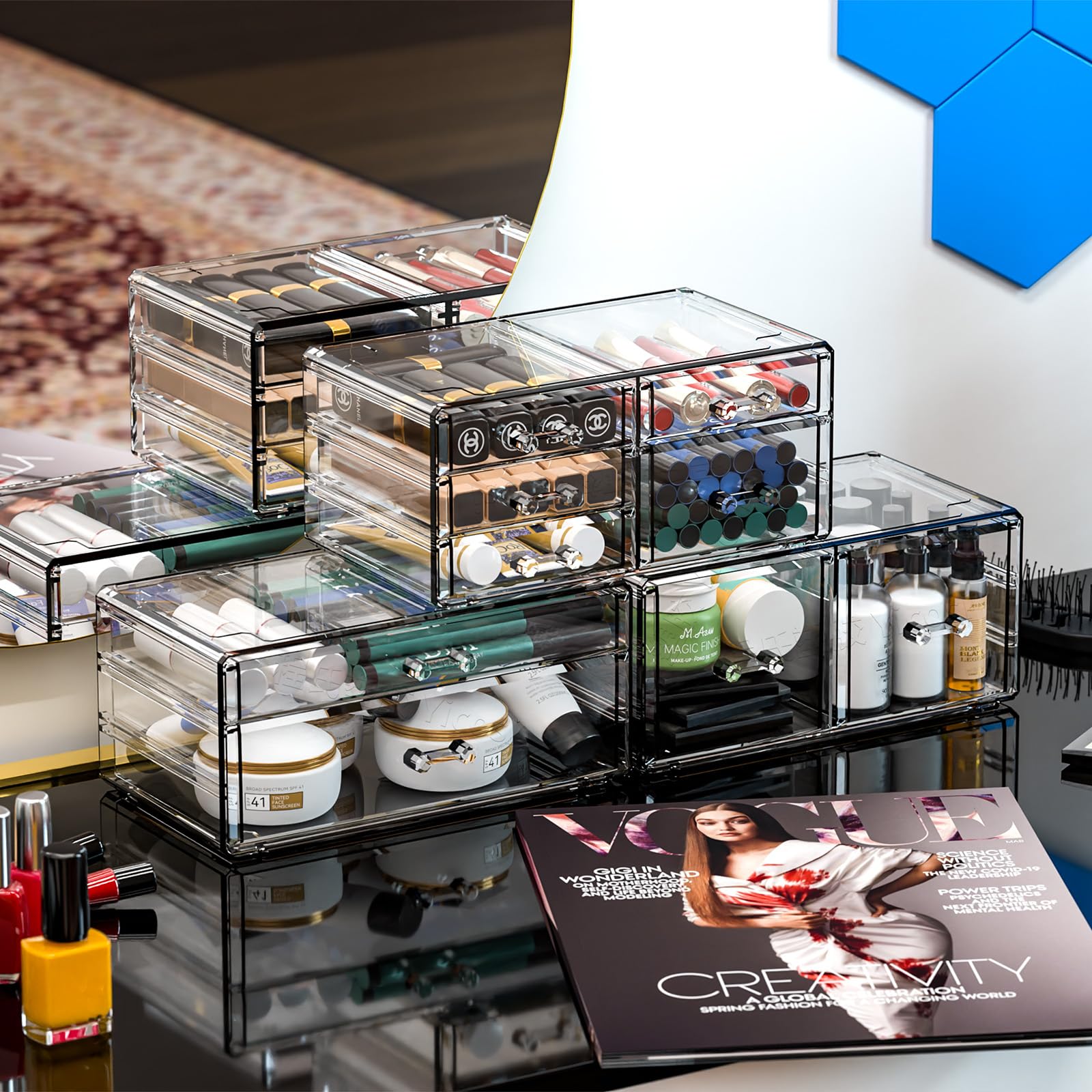 Cq Acrylic 4 Pack Clear Acrylic Drawer Organizer Countertop,Stackable 13 Drawers Makeup Storage, Cube Make Up Organizer For Dres