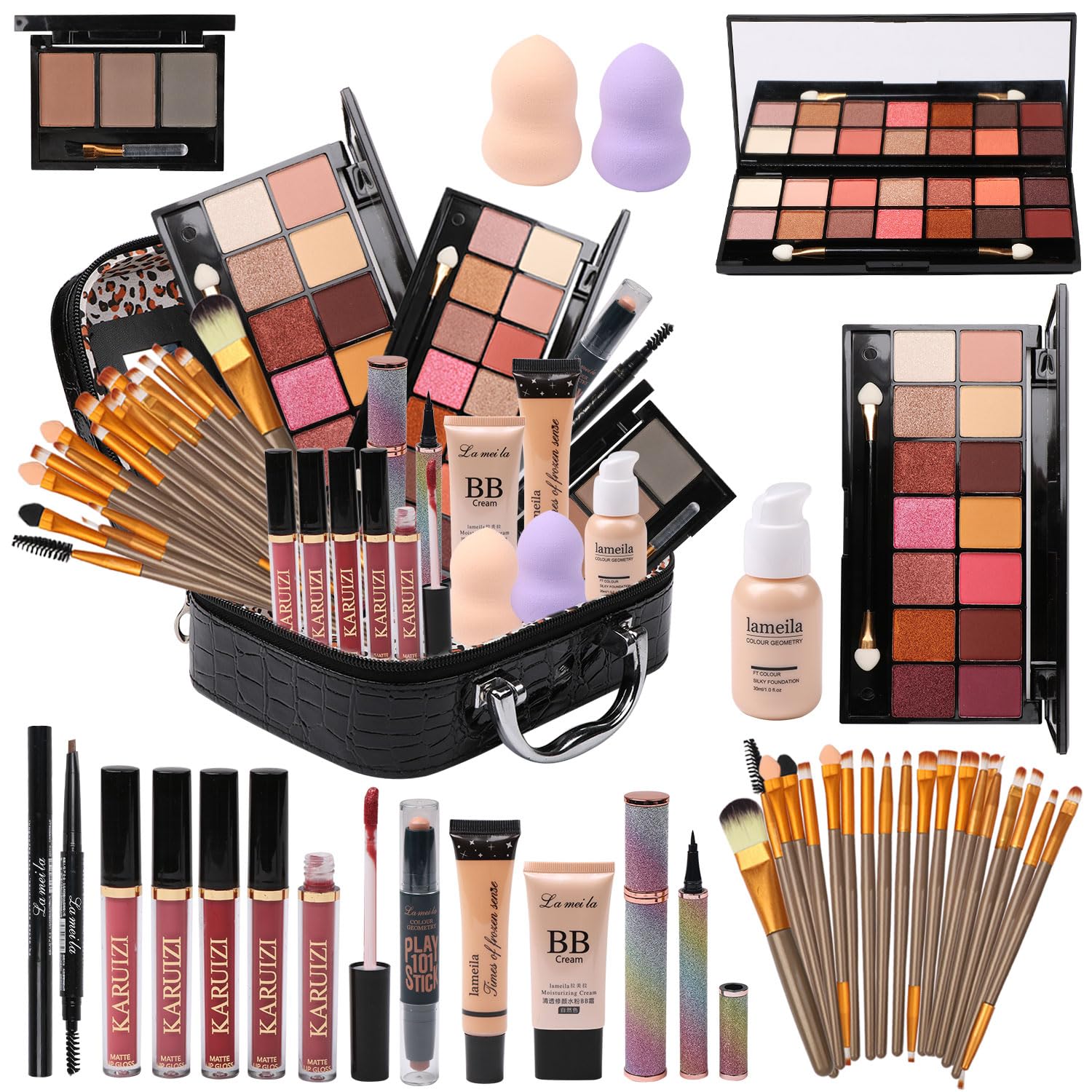 All In One Makeup Kit Full Kit Multipurpose Essential With Eyeshadow Palette,Lip Gloss,Foundation,Mascara,Eyebrow Pencil,Eyeline