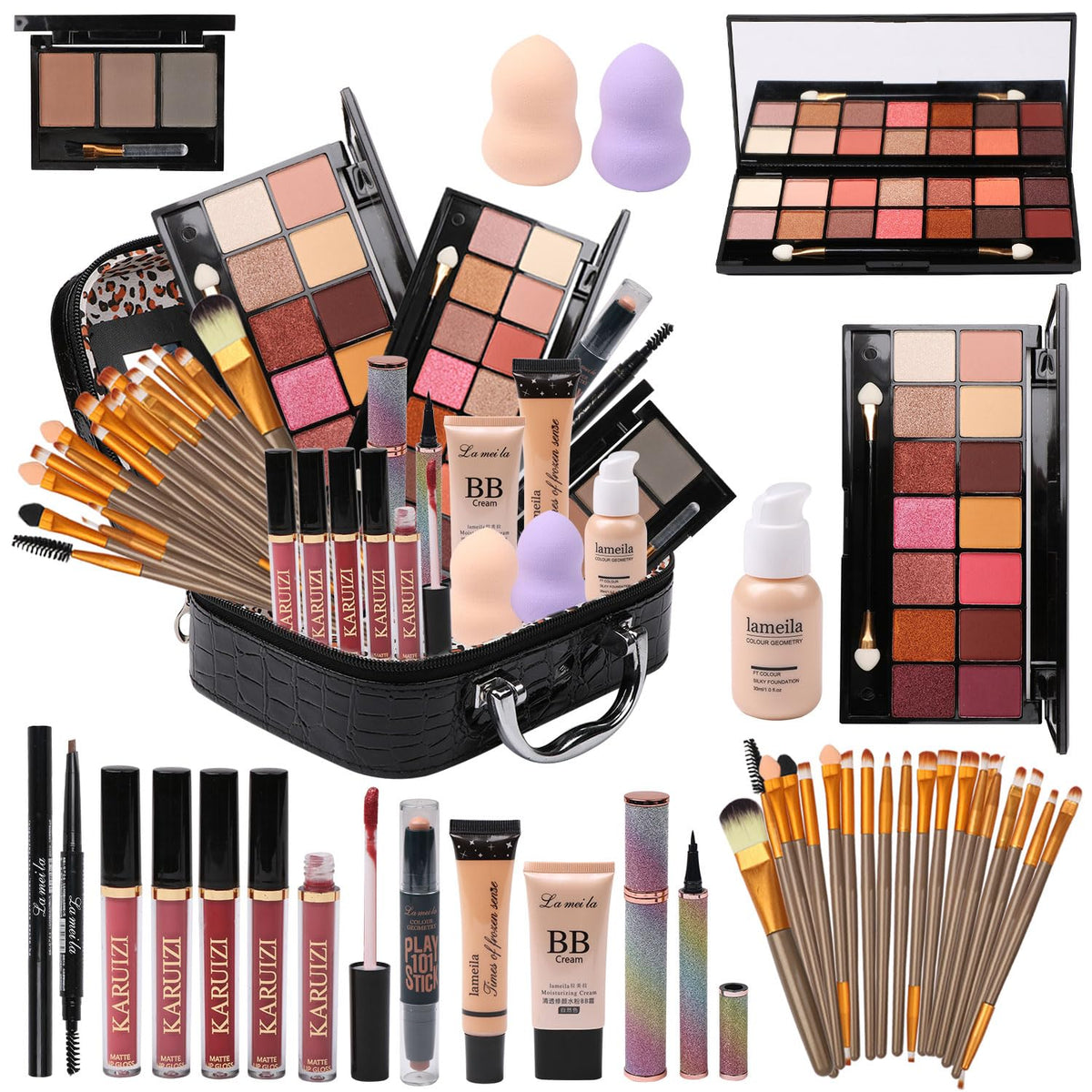 All In One Makeup Kit Full Kit Multipurpose Essential With Eyeshadow Palette,Lip Gloss,Foundation,Mascara,Eyebrow Pencil,Eyeline