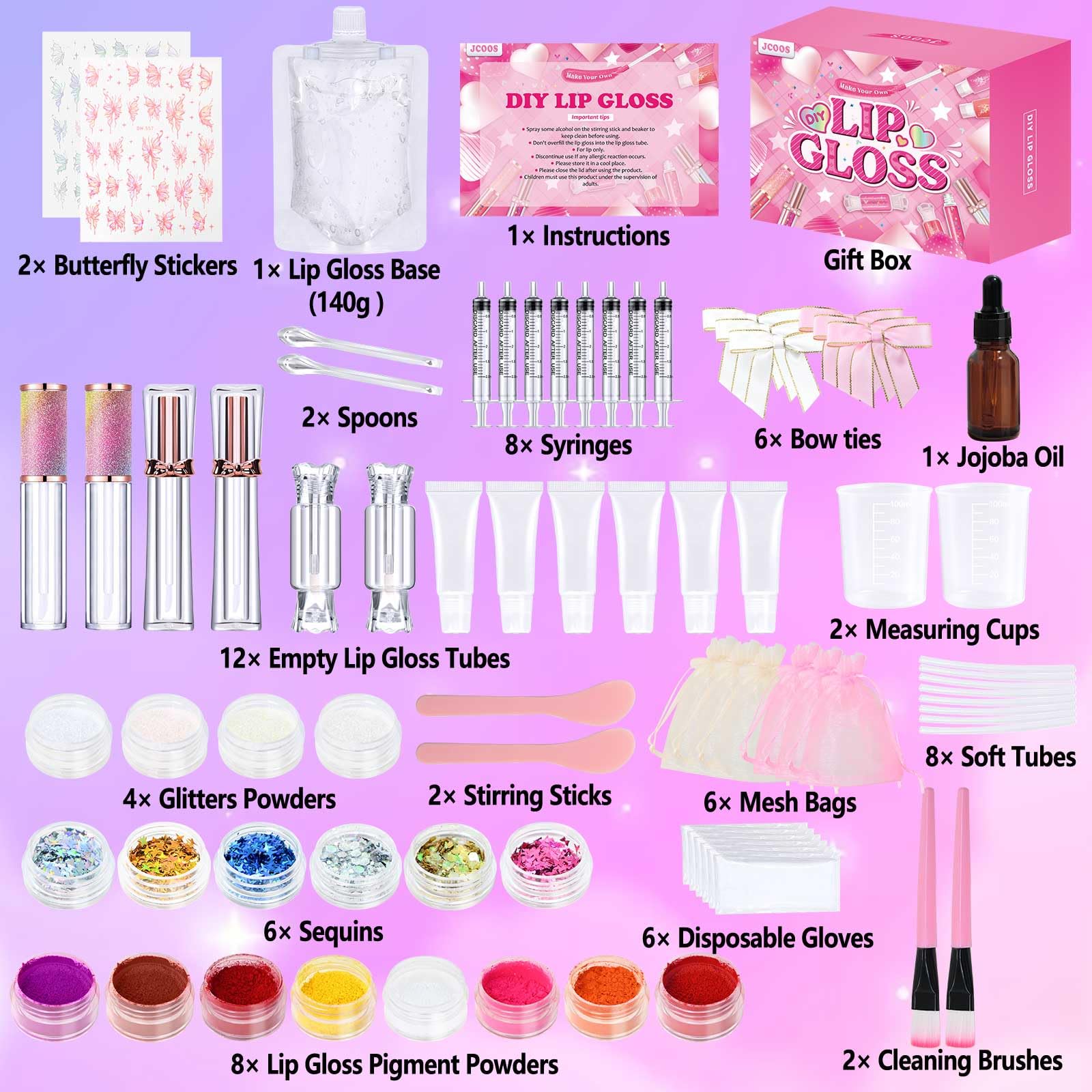 Jcoos Lip Gloss Making Kit - DIY Glitter Lip Gloss Set for Teens, 0.03 Fl Oz, Pink, Perfect Gift for Girls