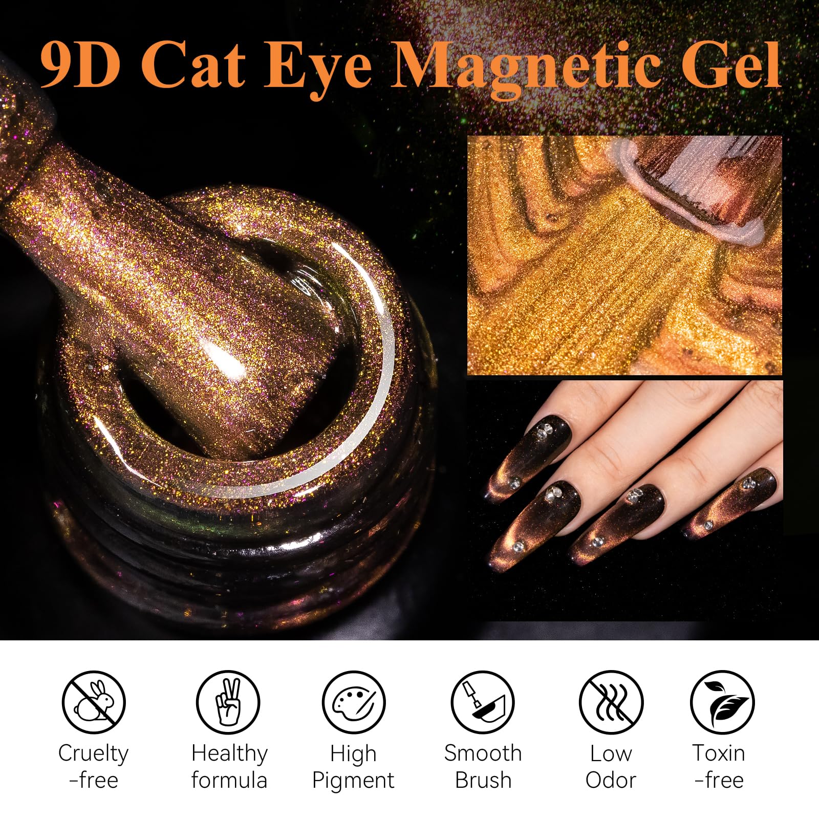 Mizhse 9D Cat Eye Gel Nail Polish, Brown Magnetic Gel Polish With Magnet Stick, Fall Nails Magic Shimmer Galaxy Effect Holograph