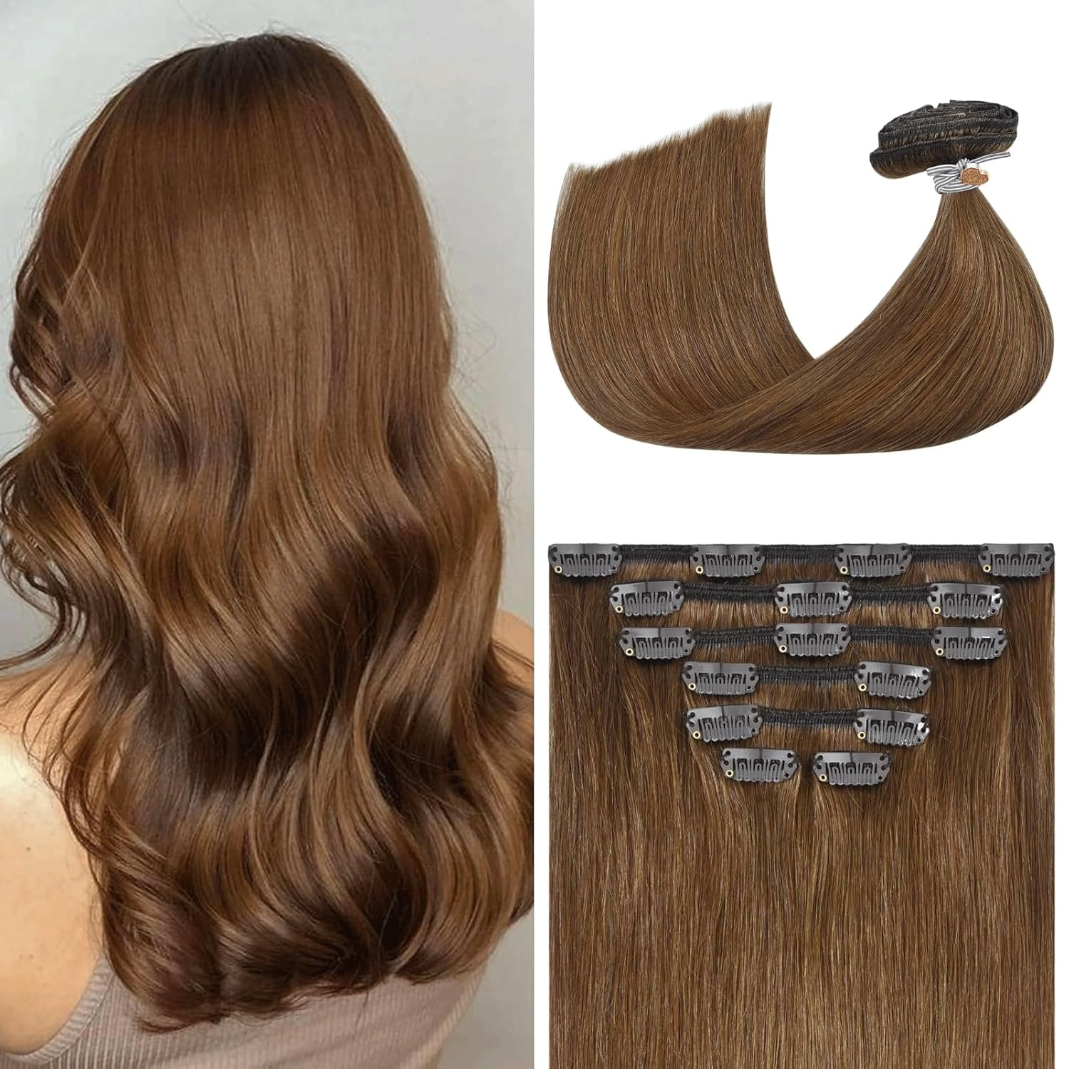 Aison Light Brown Clip in Hair Extensions Real Human Hair 70G 100% Remy Human Hair Clip in Extensions for Women 7pcs 16clips One