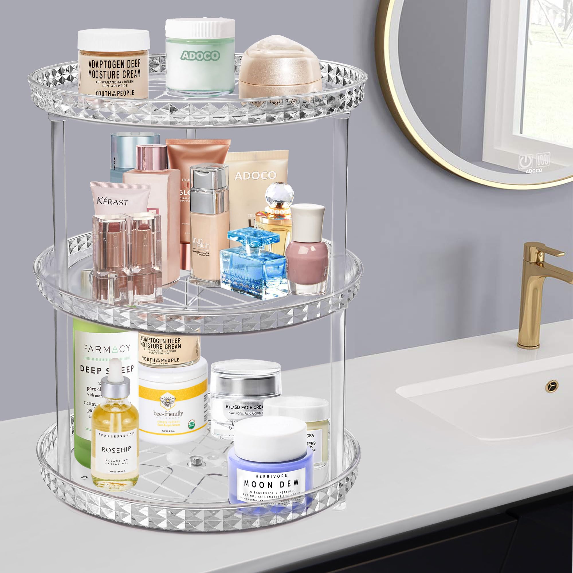 3 Tier Diamond Lazy Susan Bathroom Organizer Countertop, Clear 360 Rotating Cosmetic Makeup Organizer For Vanity, Skincare Organ