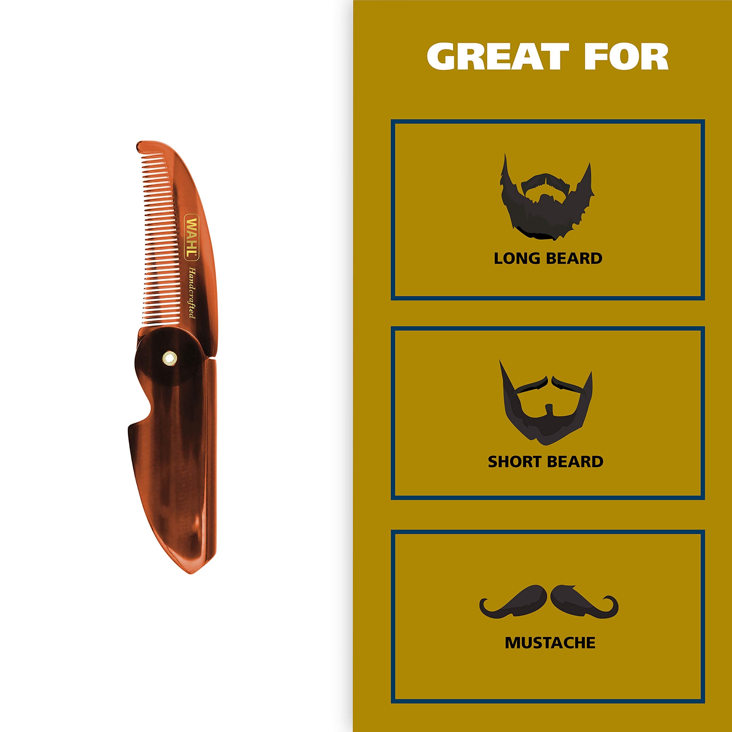 Wahl Beard & Mustache Folding Comb - Handcrafted Cellulose Acetate, Smooth Tapered Teeth, Brown, Model 3326, 1 Count