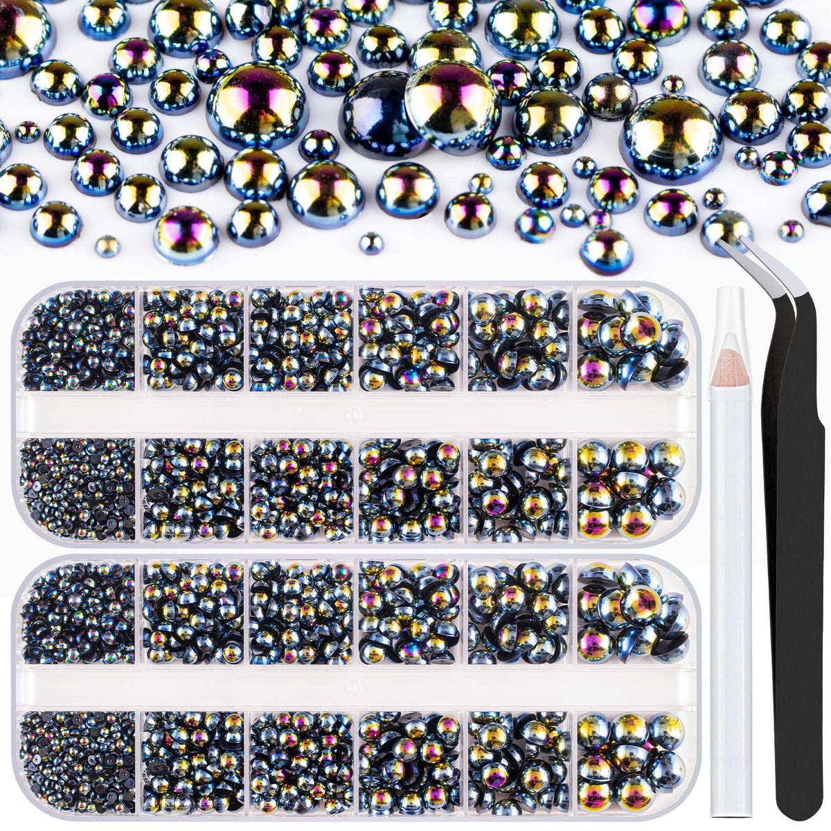 Belleboost Flat Back Pearls Kits 2 Boxes of Flatback Black AB Half Round Pearls with Pickup Pencil and Tweezer for Home DIY and 