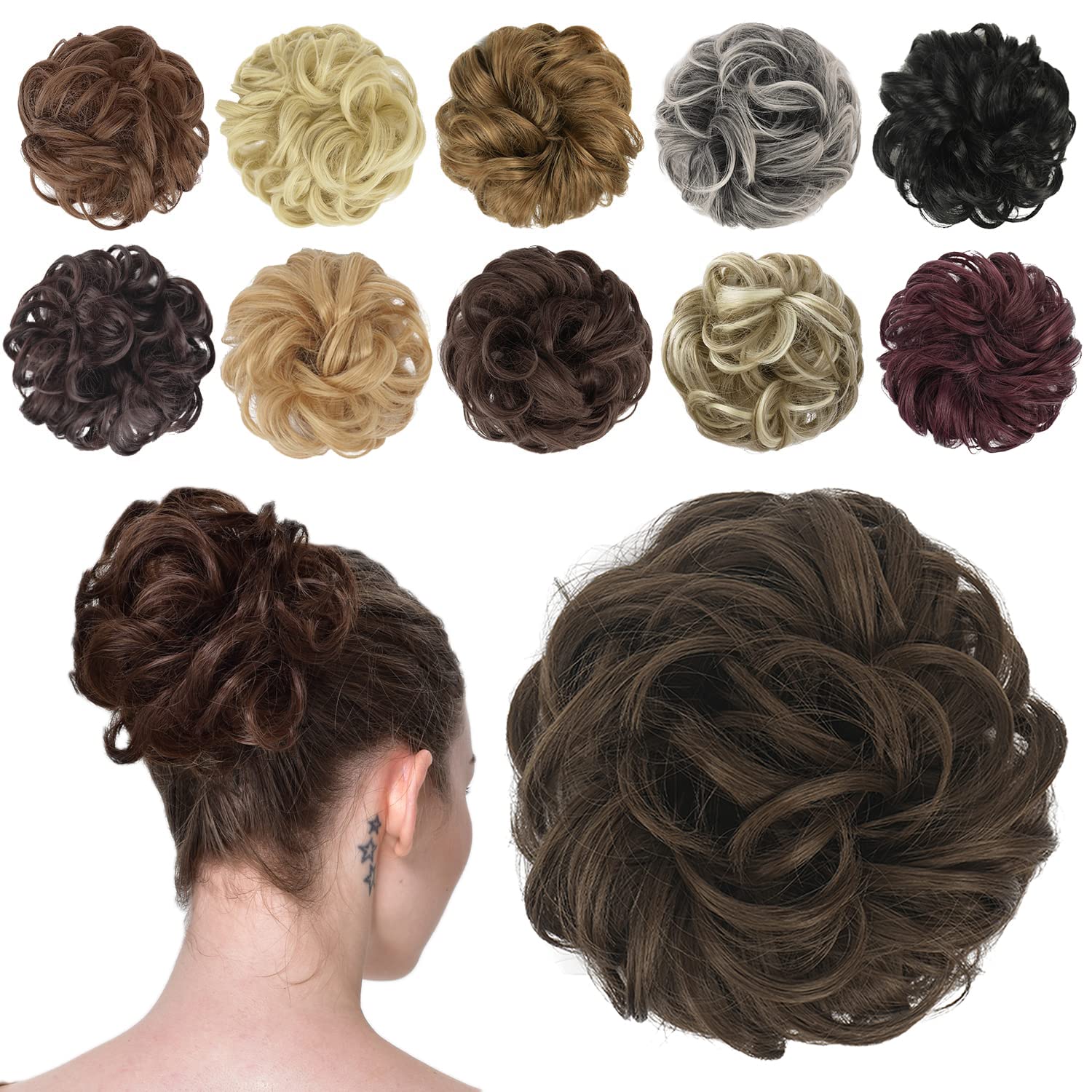 FESHFEN Messy Bun Hair Piece Hair Bun Scrunchies Golden Brown Synthetic Wavy Curly Chignon Ponytail Hair Extensions Thick Updo H