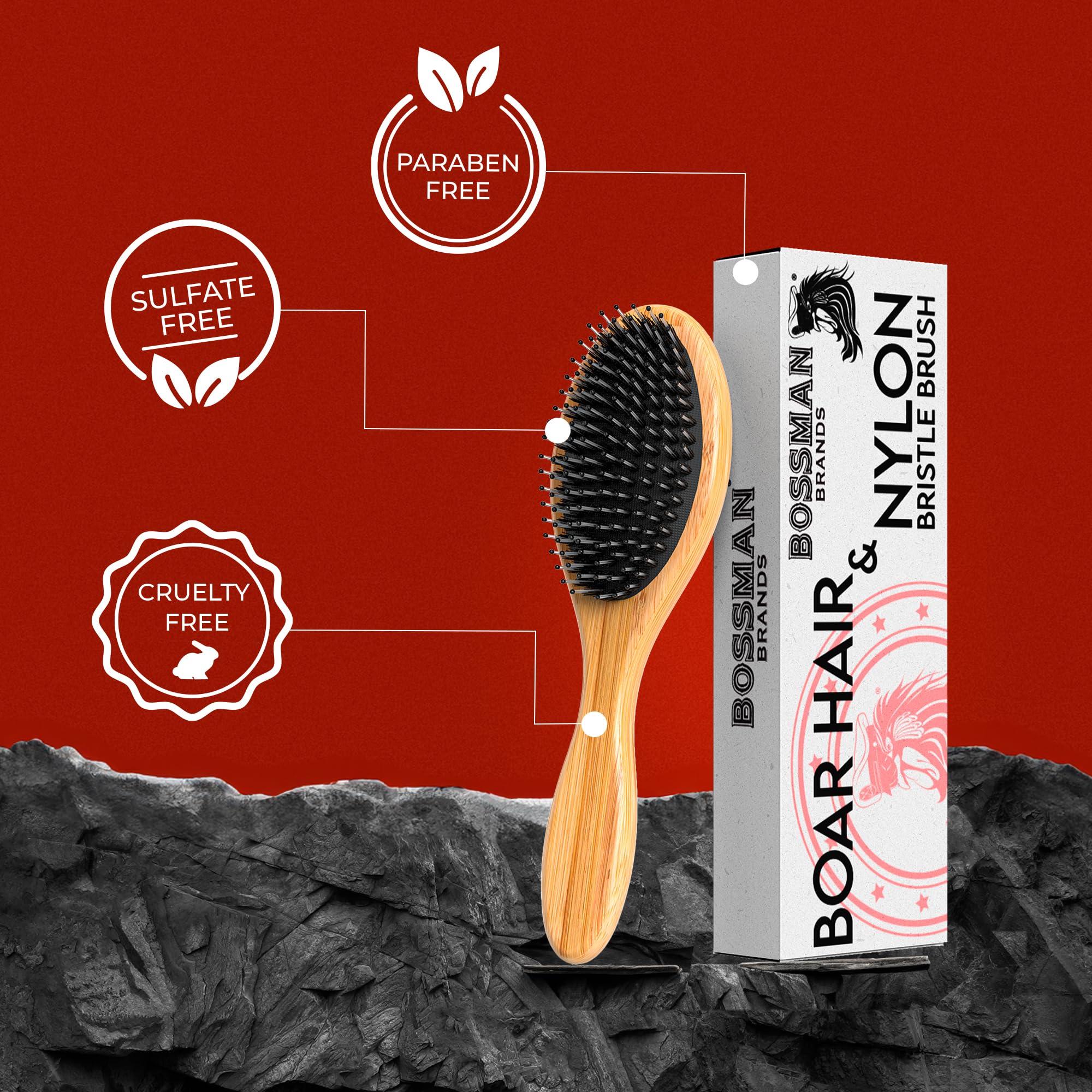 Bossman Men's Boar and Nylon Bristle Hair and Beard Brush - Detangling & Straightening Wooden Oval Wet Brush - Ergonomic Bamboo