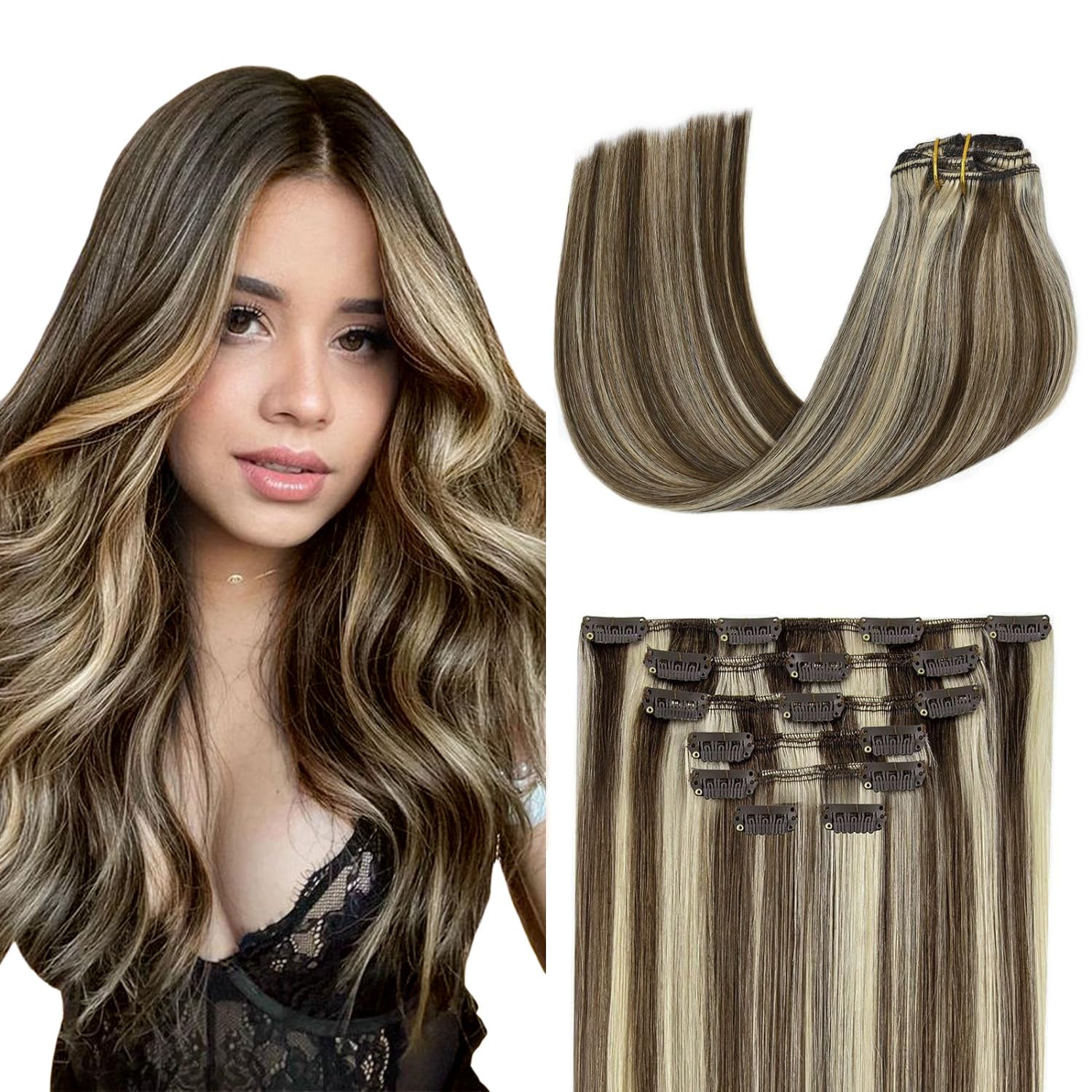 Aison Clip in Hair Extensions Real Human Hair 70G Medium Brown to Blonde 100% Remy Human Hair Soft Silky Straight 7pcs 16clips (