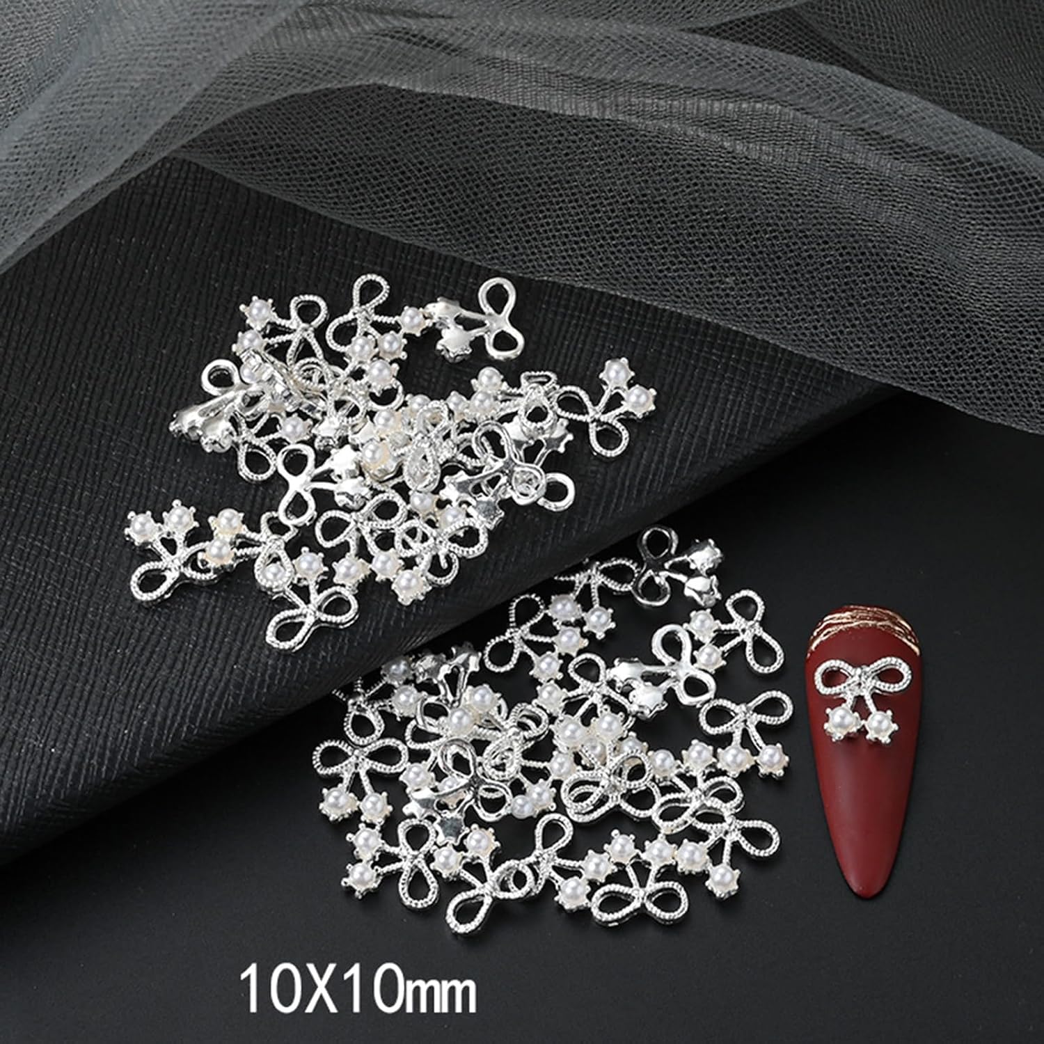 10Pcs Bow Nail Charms For Nail Art, 3D Silver Alloy Bowknot Nail Rhinestones With Pearls Design Cute Metal Crystal Nail Art Char