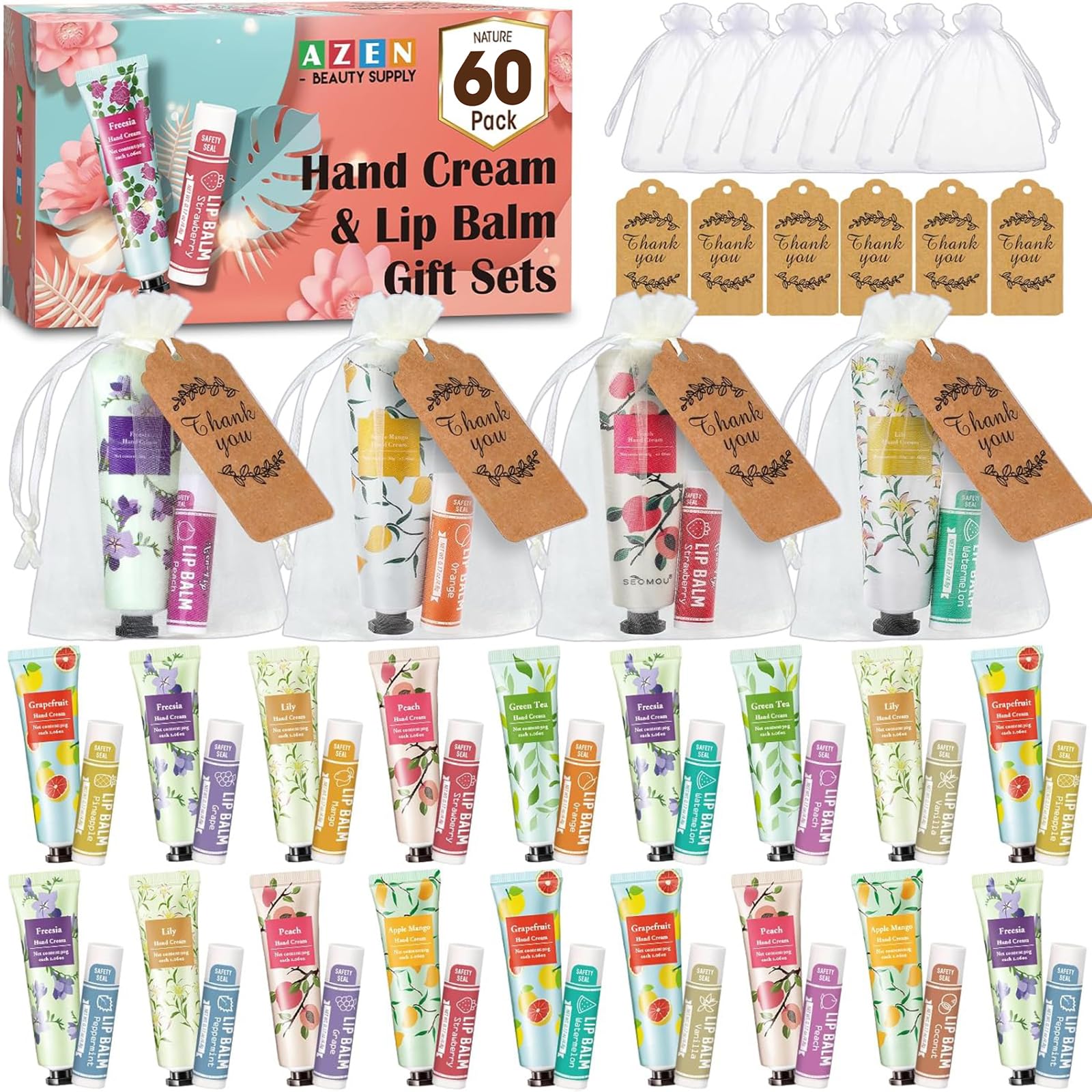 Azen 60 Sets Hand Cream Bulk And Lip Balm Bulk Set, Bridal Shower Gifts For Guests With Organza Bag Thank You Card, Thank You Gi