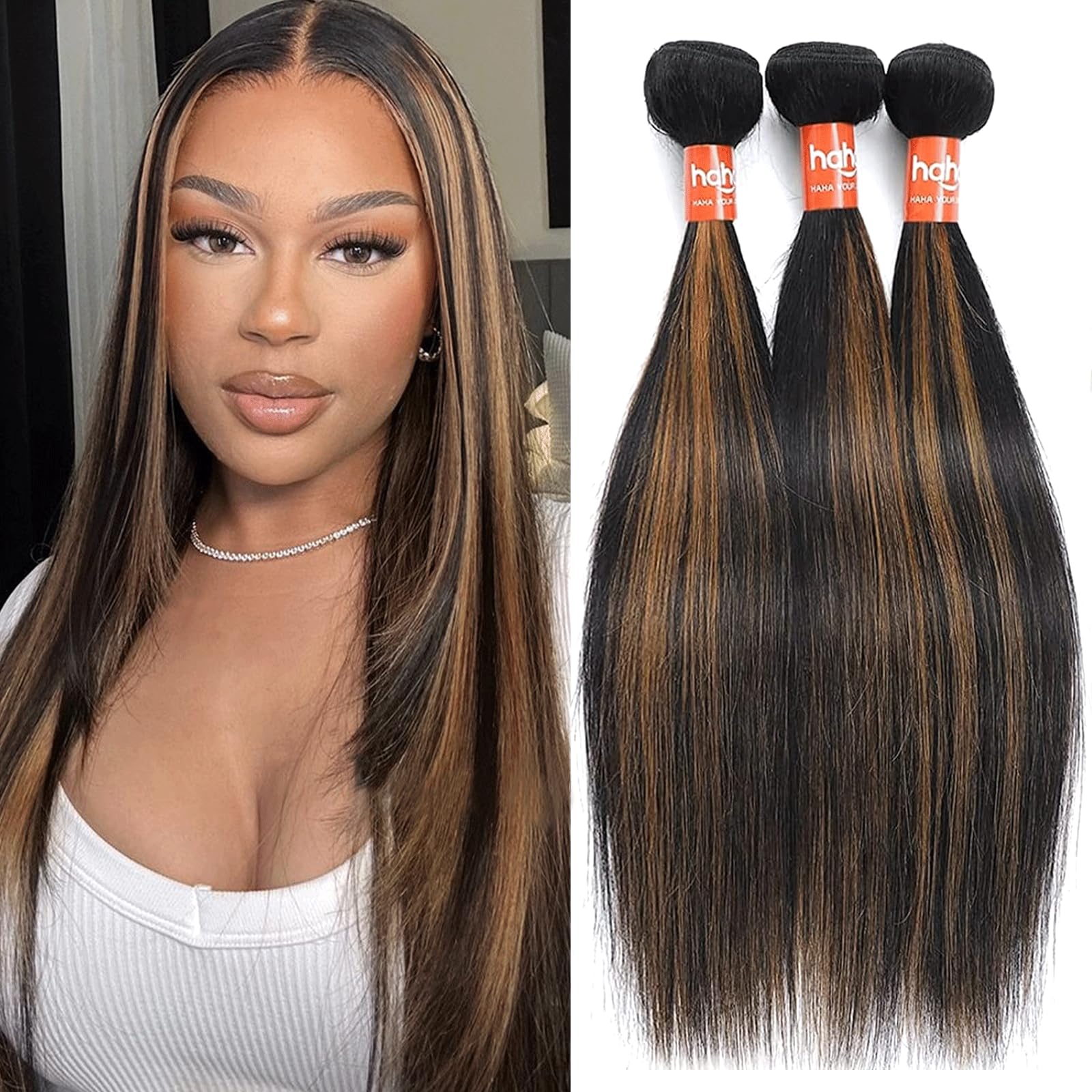 Haha Ombre Straight Bundles Human Hair Colored Brown Highlight Human Hair 3 Bundles Brazilian Remy Virgin Hair Sew In Bundles Fo
